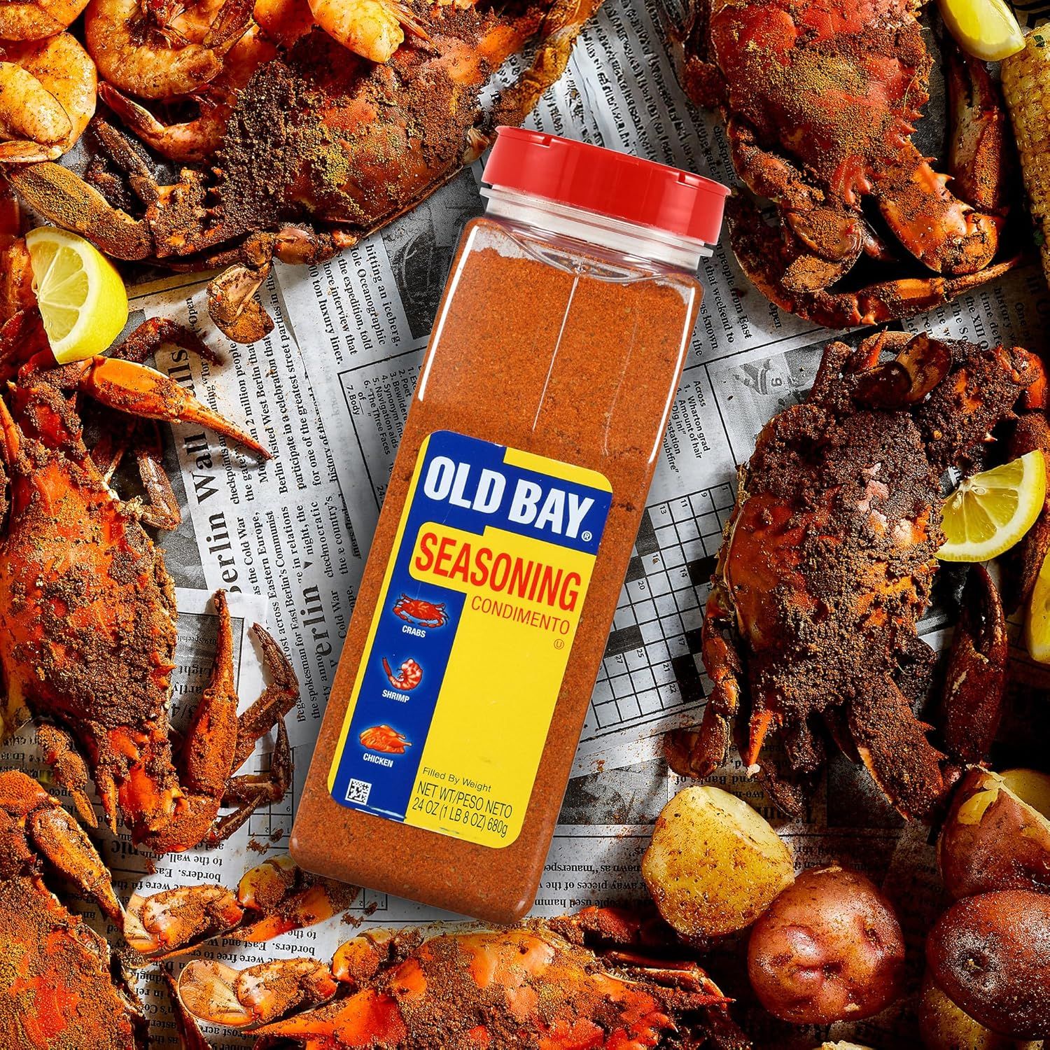Demonstrates the versatility of Old Bay seasoning by showing it applied to multiple types of seafood and proteins, reassuring shoppers that this single product works across various cooking…