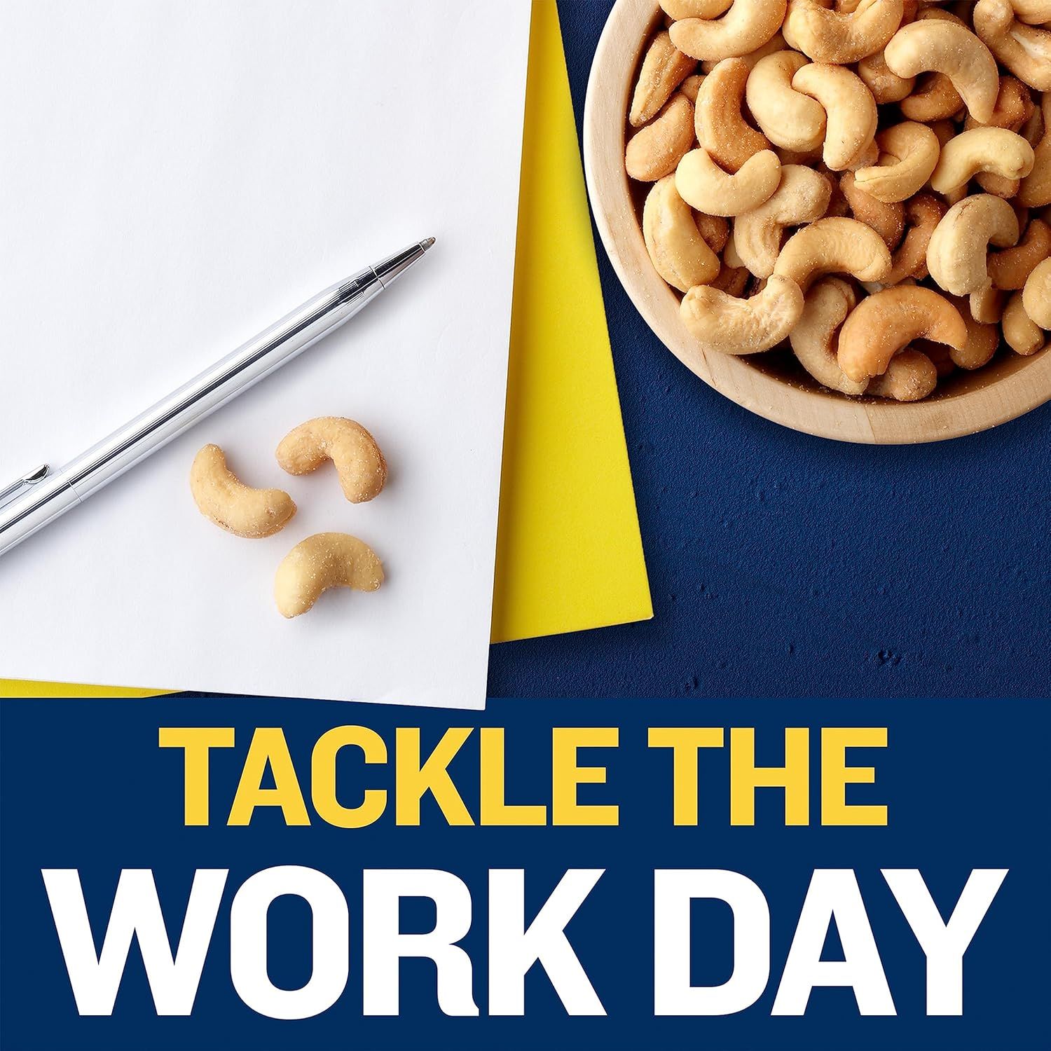 Demonstrates the product as a convenient and energizing snack option for the workplace, positioning cashews as an ideal choice to help professionals stay productive throughout the work day.