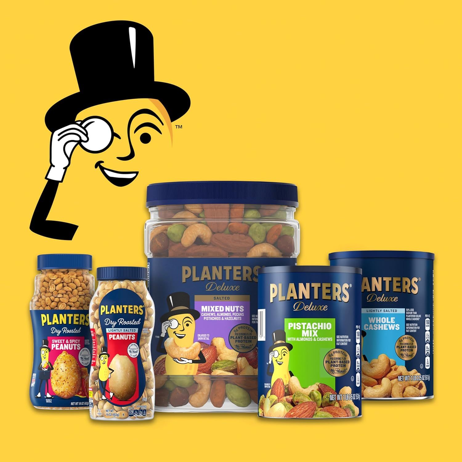 Showcases the Planters brand's product portfolio and variety of nut offerings, using the iconic Mr. Peanut mascot to reinforce brand identity and help shoppers explore different product options.