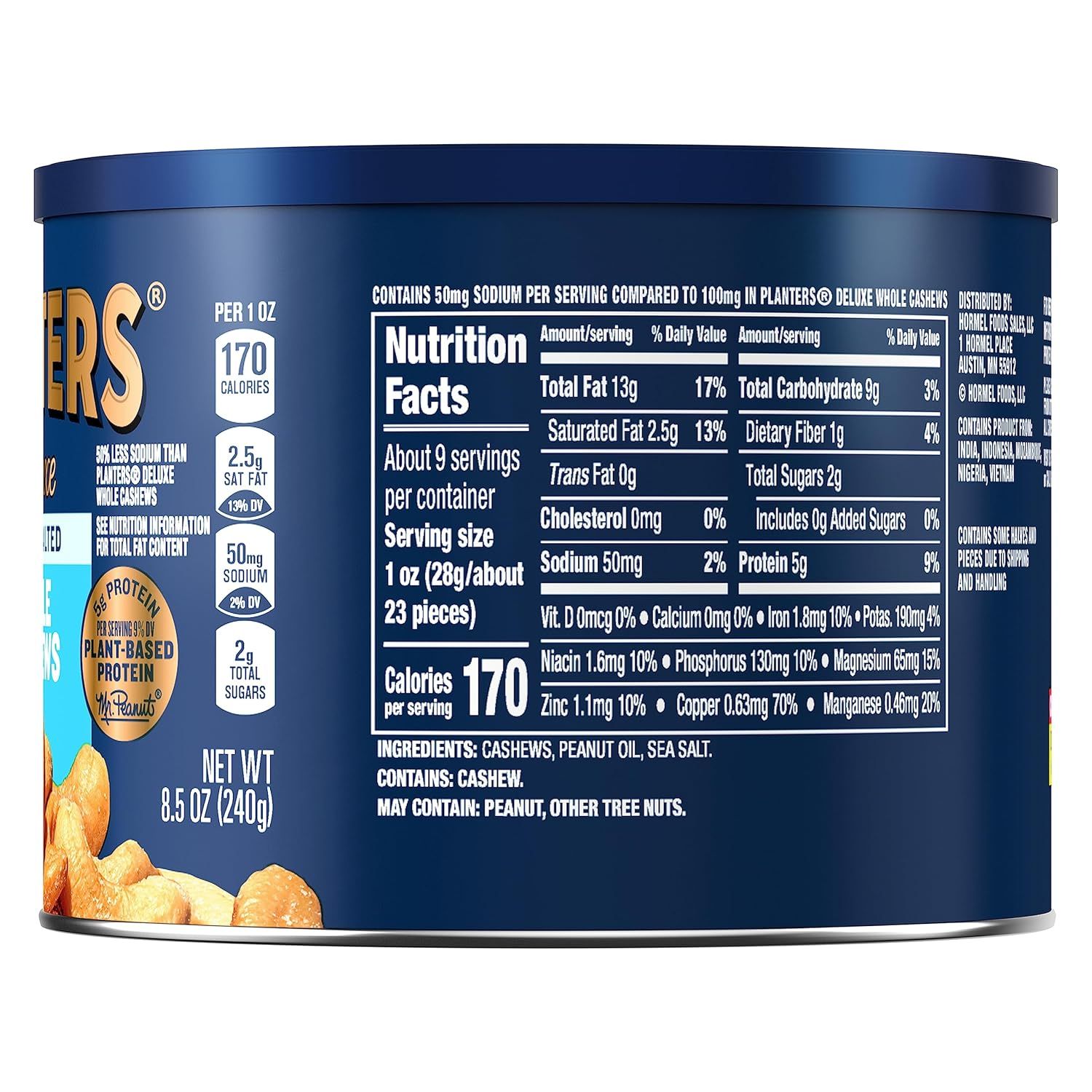 Communicates multiple nutritional benefits including reduced sodium compared to competitors, plant-based protein content, and low saturated fat to appeal to health-conscious shoppers.