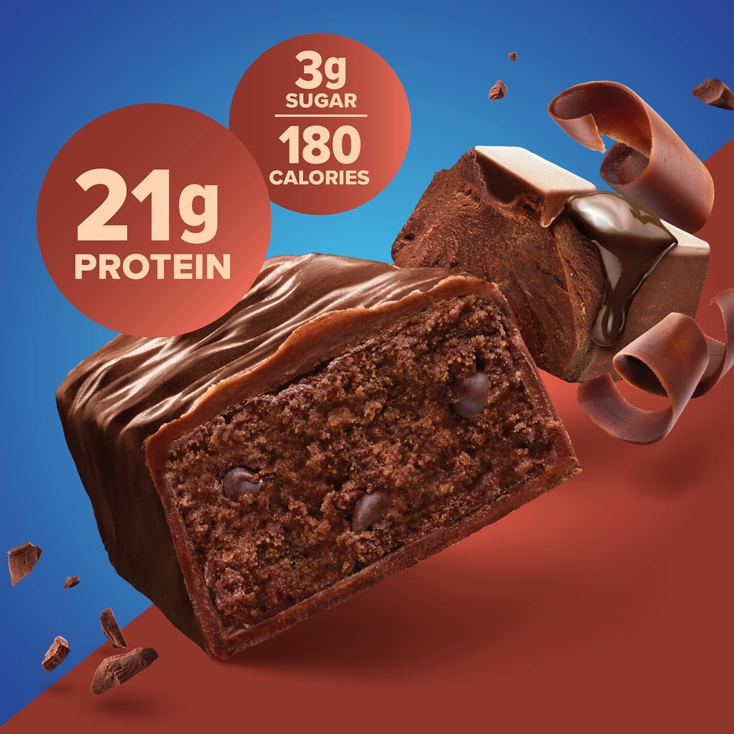 Communicates the nutritional profile of the product by highlighting three distinct benefits: high protein content, low sugar, and low calories to appeal to…