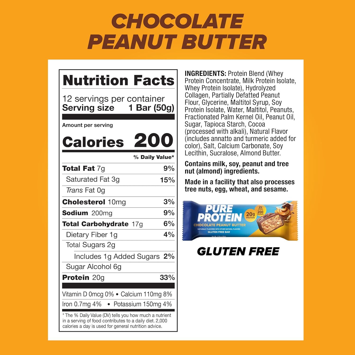 Communicates multiple key product benefits including high protein content, calorie count, gluten-free status, and complete nutritional information to help…
