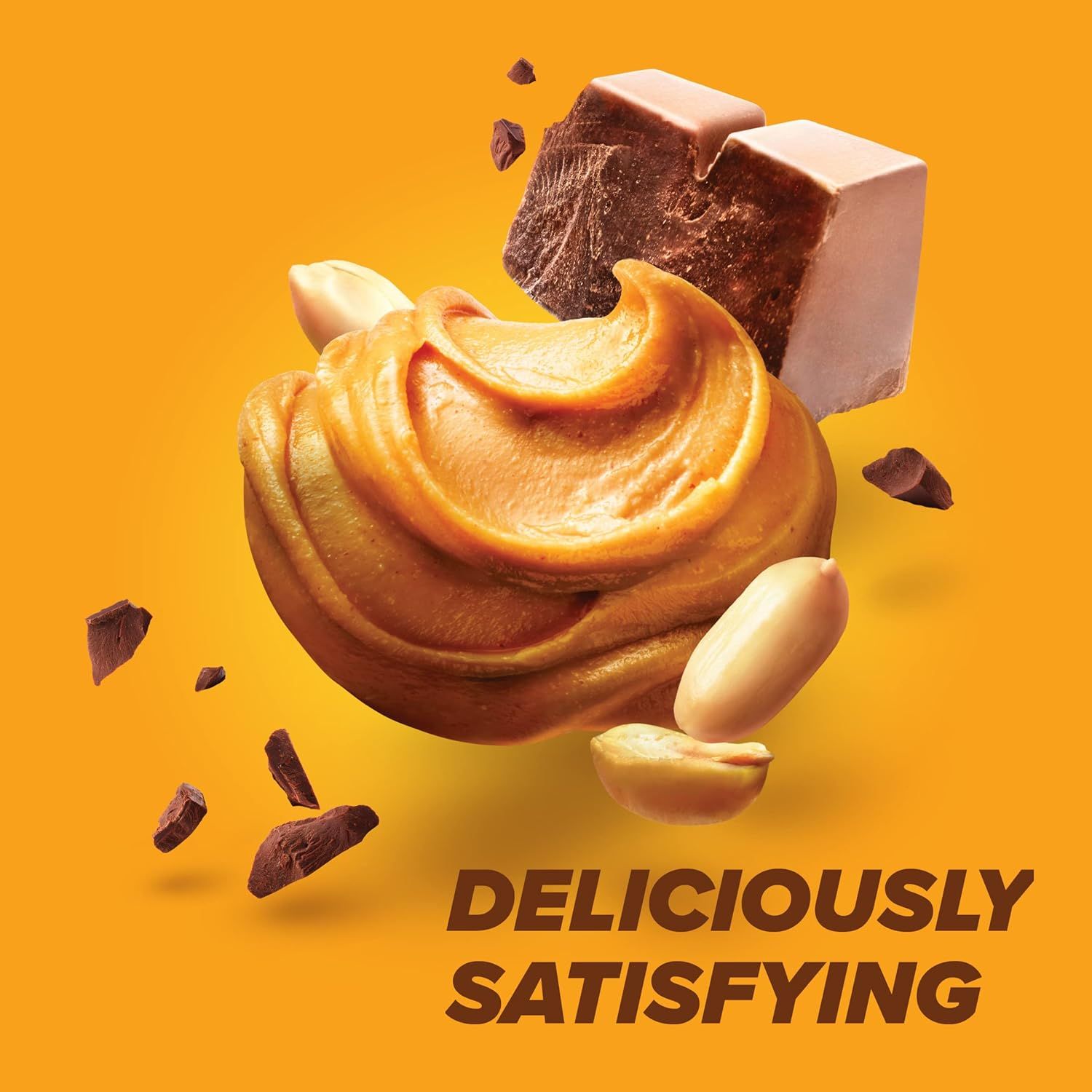 Communicates the delicious, satisfying taste of the product by showcasing its premium ingredients (peanut butter, chocolate, peanuts) in an appetizing,…