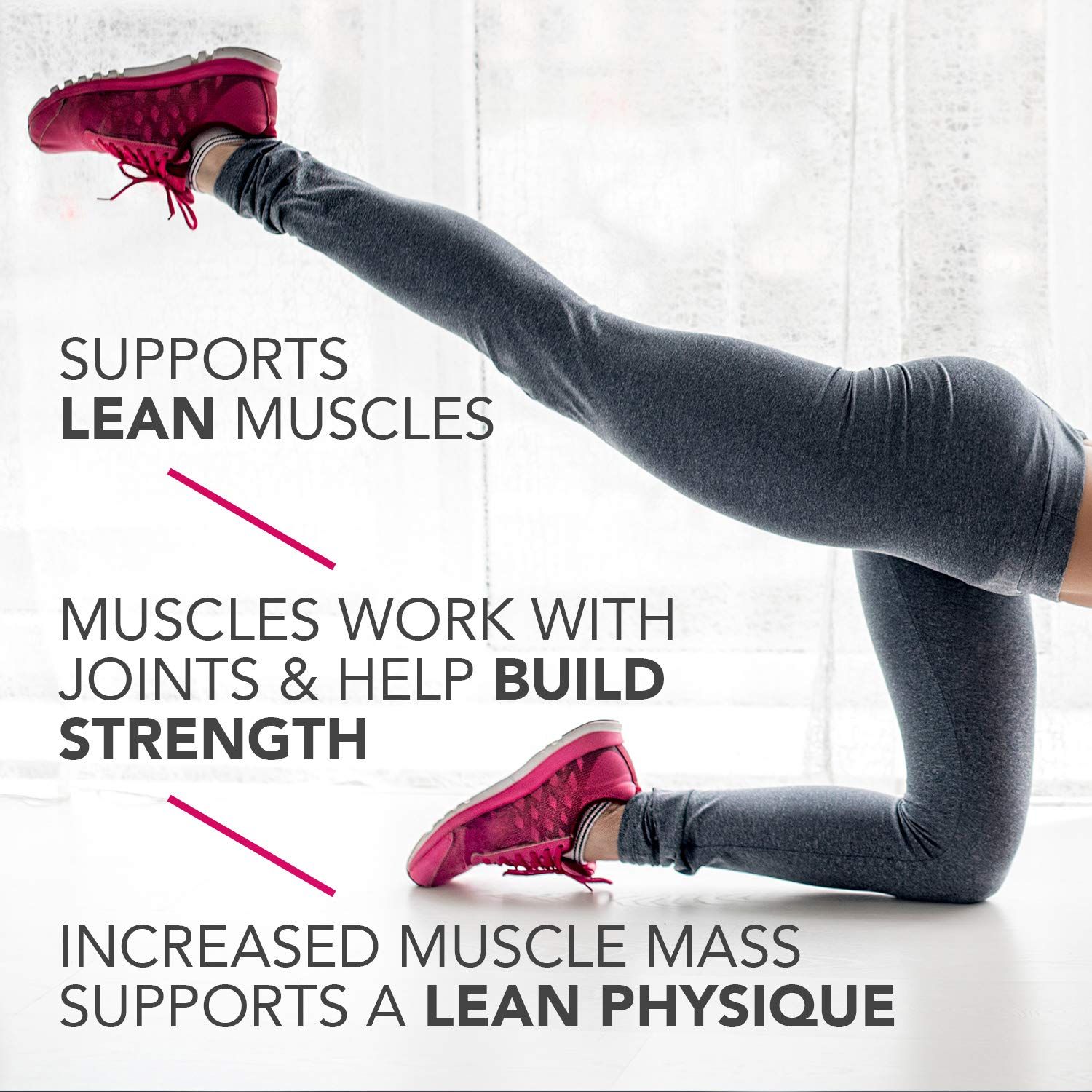 Communicates multiple fitness benefits of the product through a visually segmented layout with distinct callouts, showing how it supports lean muscles, builds…
