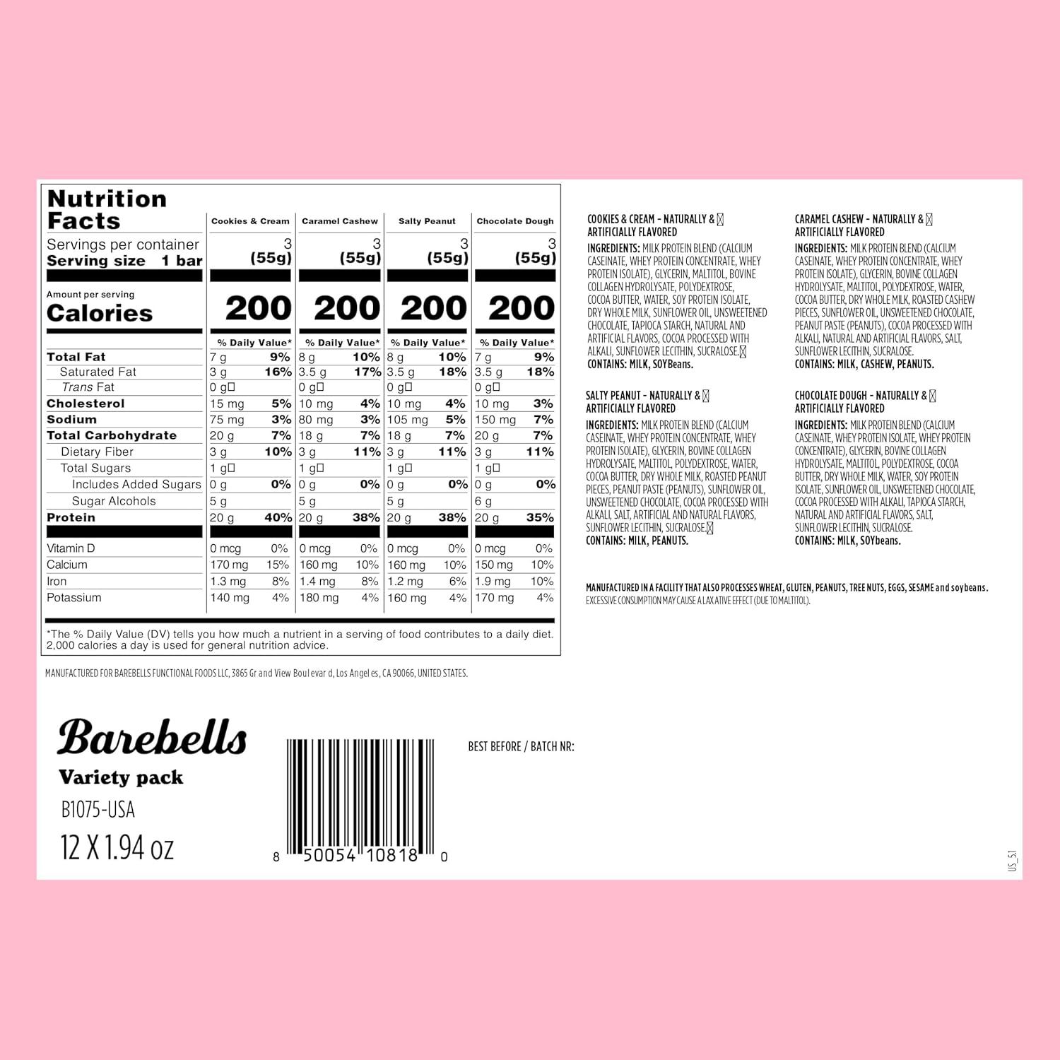 Shows the shopper the four different flavors included in the variety pack (Cookies & Cream, Caramel Cashew, Salty Peanut, Chocolate Dough) with complete nutritional information and ingredients for…