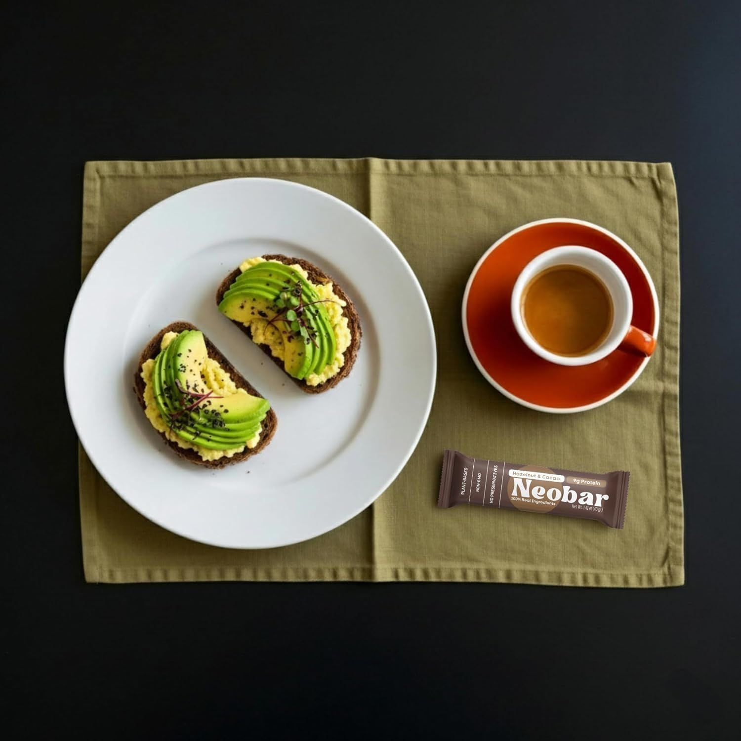 Shows the Neobar product in an authentic, aspirational breakfast context to help shoppers visualize the product as part of a healthy, appealing lifestyle.