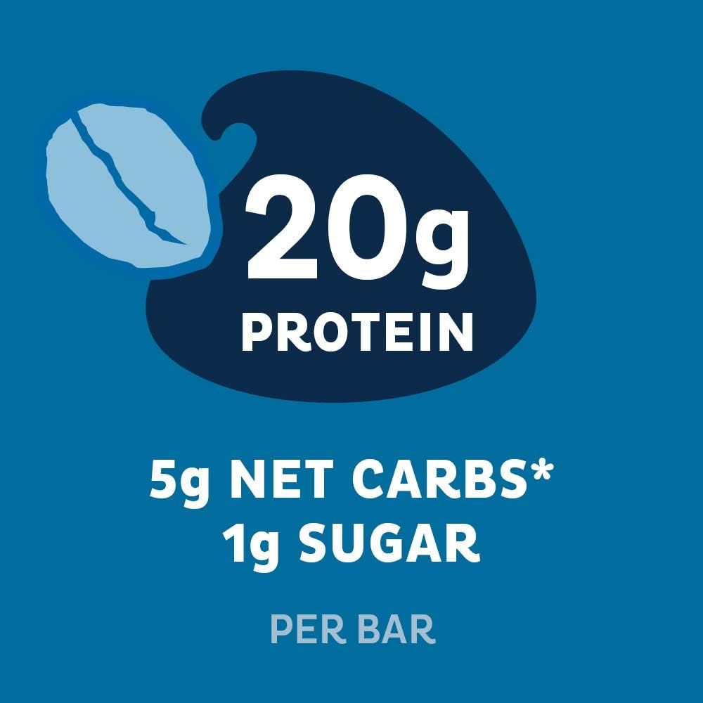 Communicates the nutritional benefits of the protein bar by highlighting three key metrics (20g protein, 5g net carbs, 1g sugar) to appeal to health-conscious…