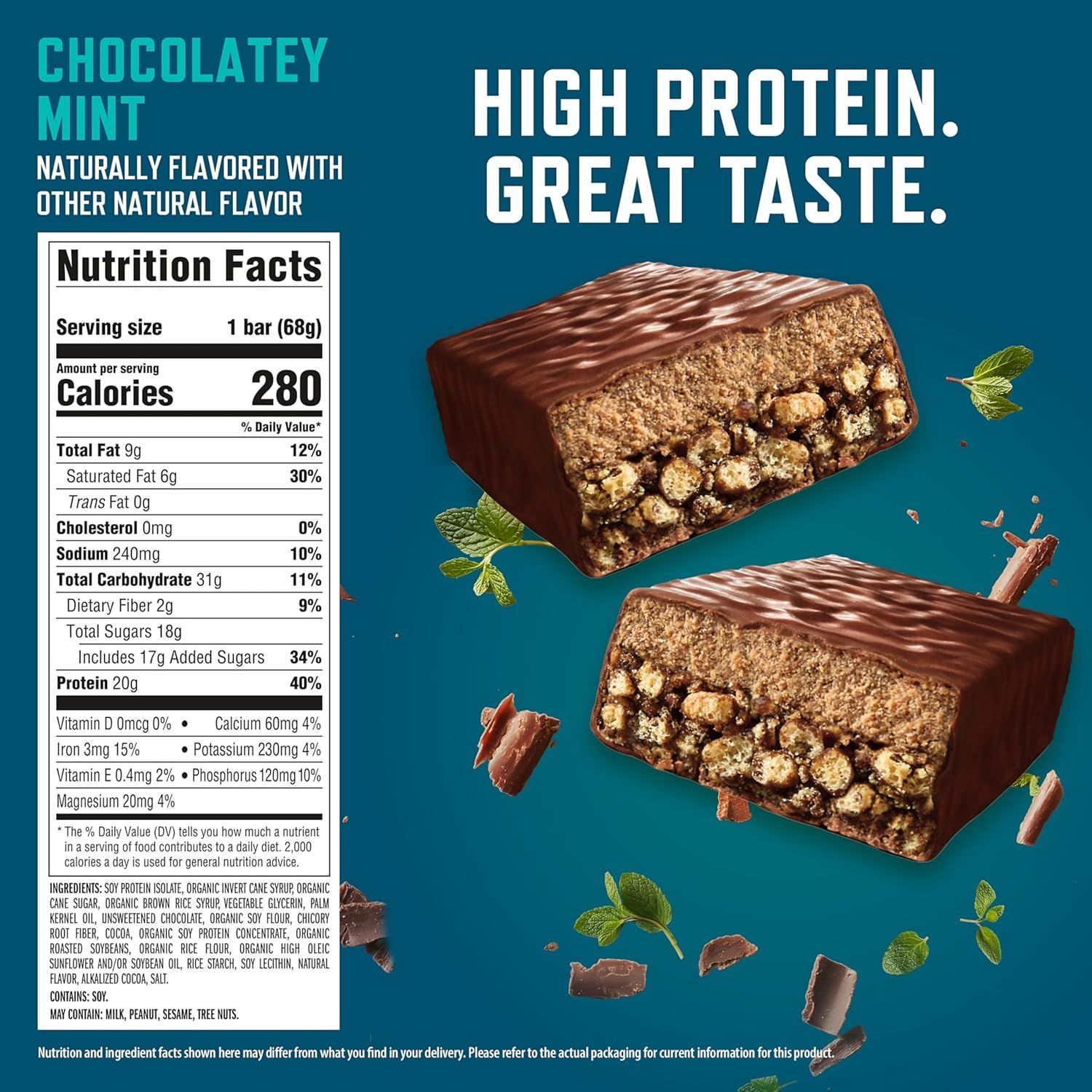 Communicates multiple key selling points of the protein bar: high protein content (20g), appealing taste (Chocolatey Mint flavor), and complete nutritional…