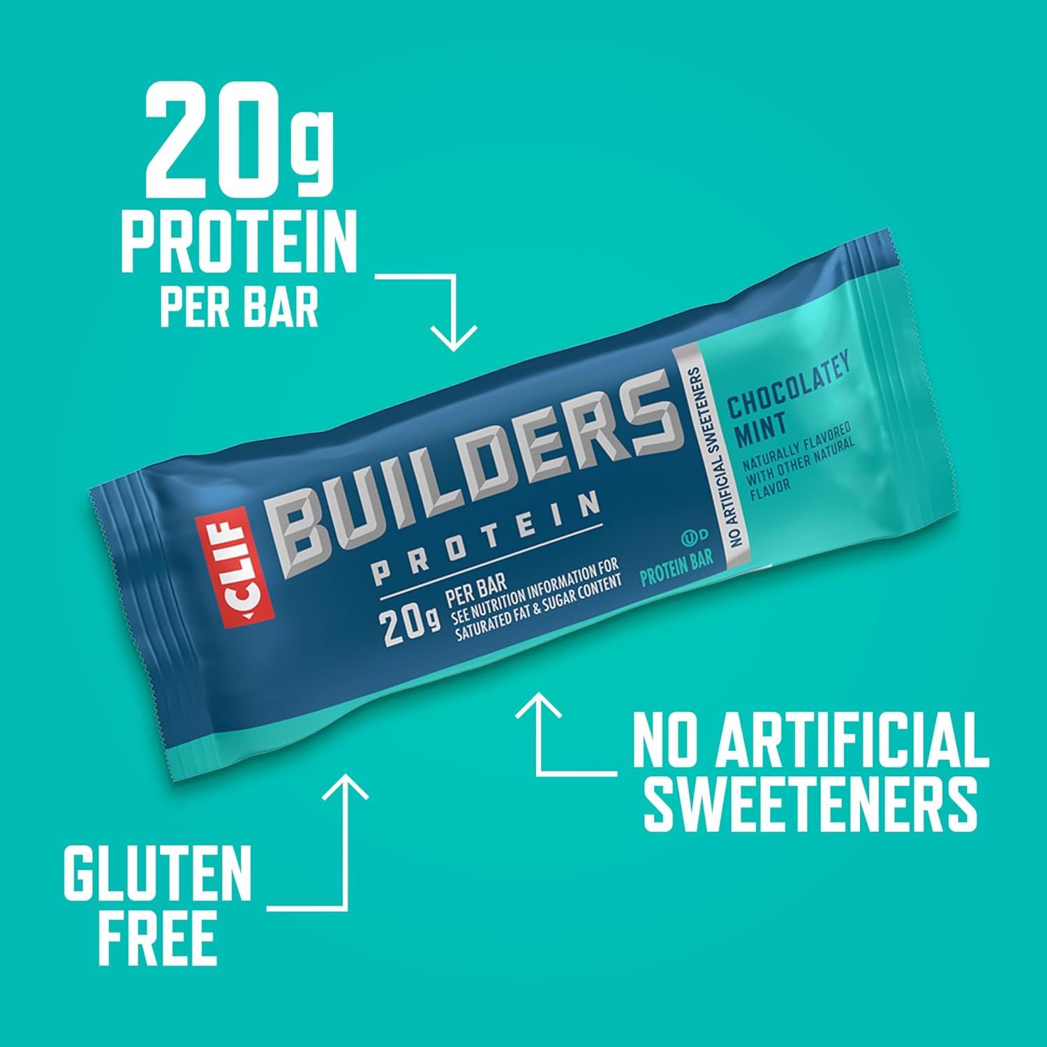 Communicates multiple key product benefits in a segmented layout with callouts, highlighting the protein content, gluten-free formulation, and absence of…