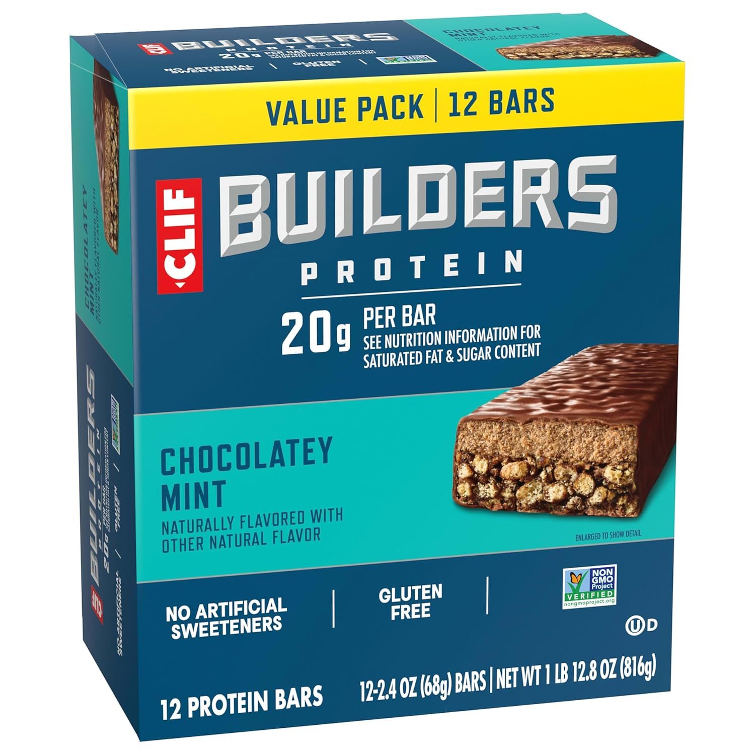 Communicates multiple key product benefits and certifications to reassure shoppers about the protein bar's nutritional value, clean ingredients, and dietary…