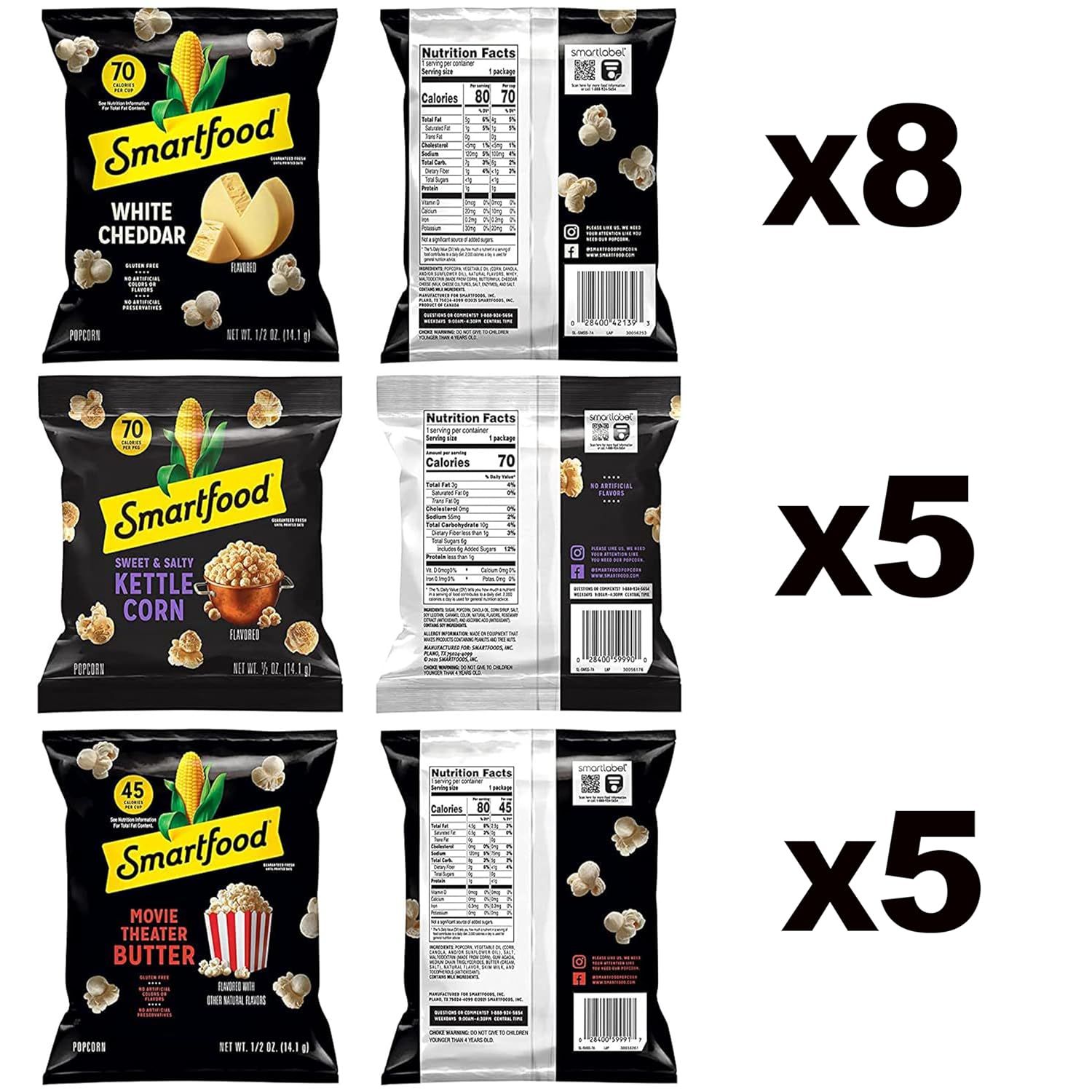 Shows the customer exactly what they will receive in this variety pack bundle: 8 bags of White Cheddar, 5 bags of Sweet & Salty Kettle Corn, and 5 bags of…