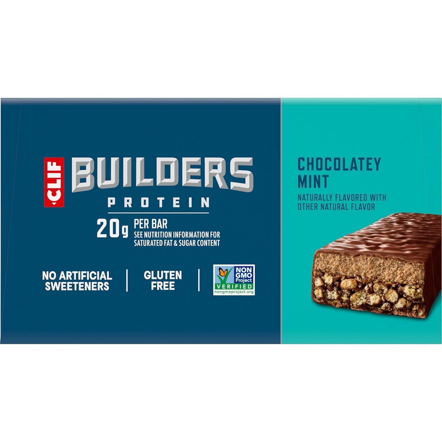 Communicates multiple key product benefits in a segmented layout to reassure health-conscious shoppers that the protein bar meets their dietary needs and quality standards.