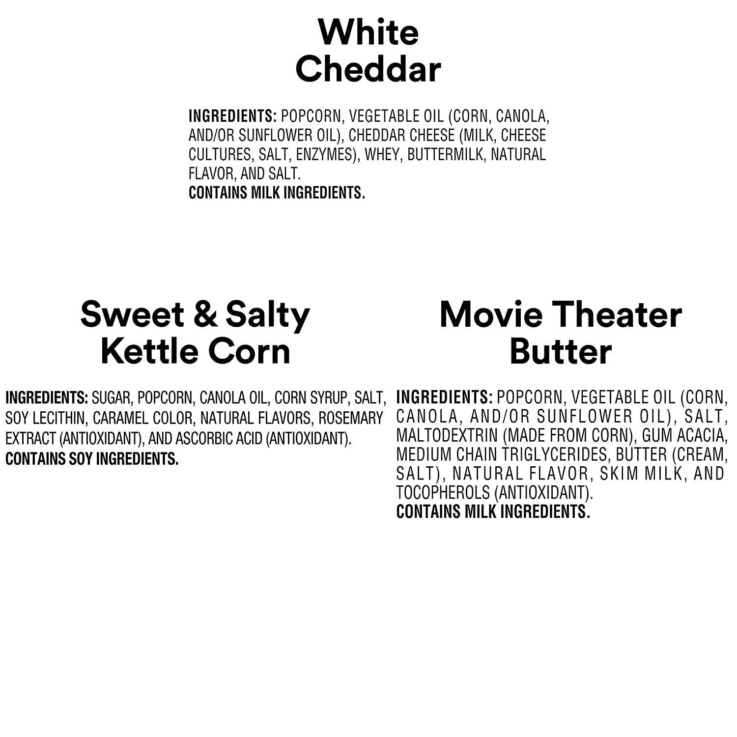 Showcases the brand's product portfolio by displaying three different popcorn flavor options with their ingredients, helping shoppers understand the variety…