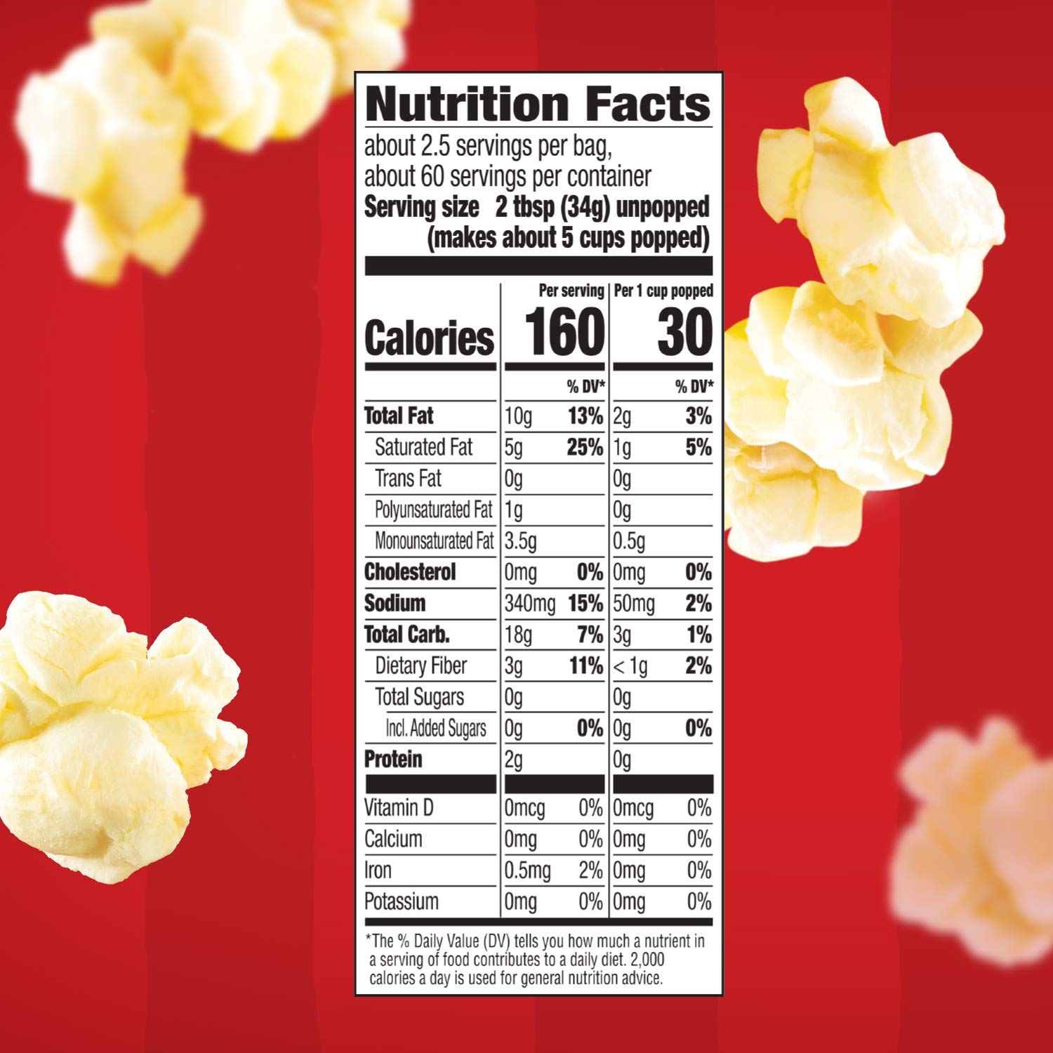 Communicates the nutritional value and serving size information to help shoppers understand the calorie content per serving and per cup popped, reassuring…