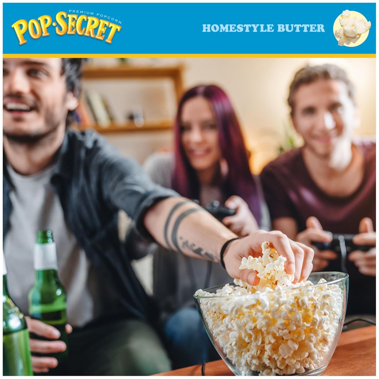 Demonstrates the product being enjoyed in a real-world social setting to help shoppers visualize using the popcorn during entertainment and gatherings with…
