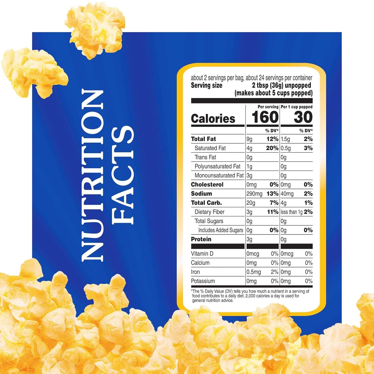 Communicates the nutritional information of the popcorn product, including calorie count, fat content, and other key dietary facts to help shoppers make…