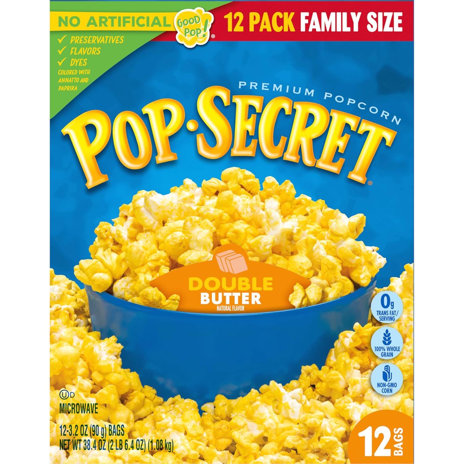 This is a clean product packaging shot showing the Pop Secret popcorn box without any additional text overlays, callouts, or design elements beyond what's on…