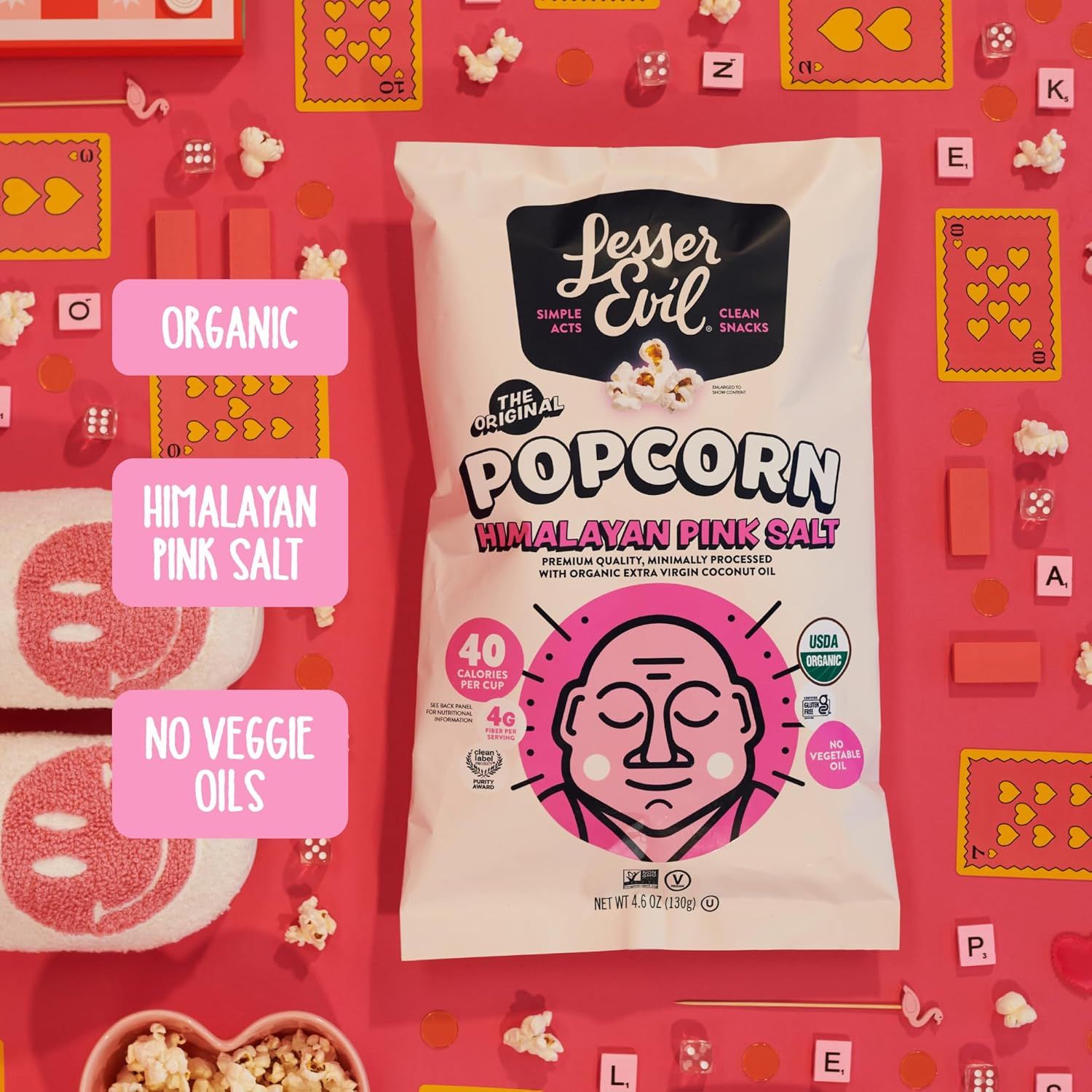 Communicates multiple key product benefits in a visually segmented layout to reassure health-conscious shoppers that this popcorn is made with clean, premium…