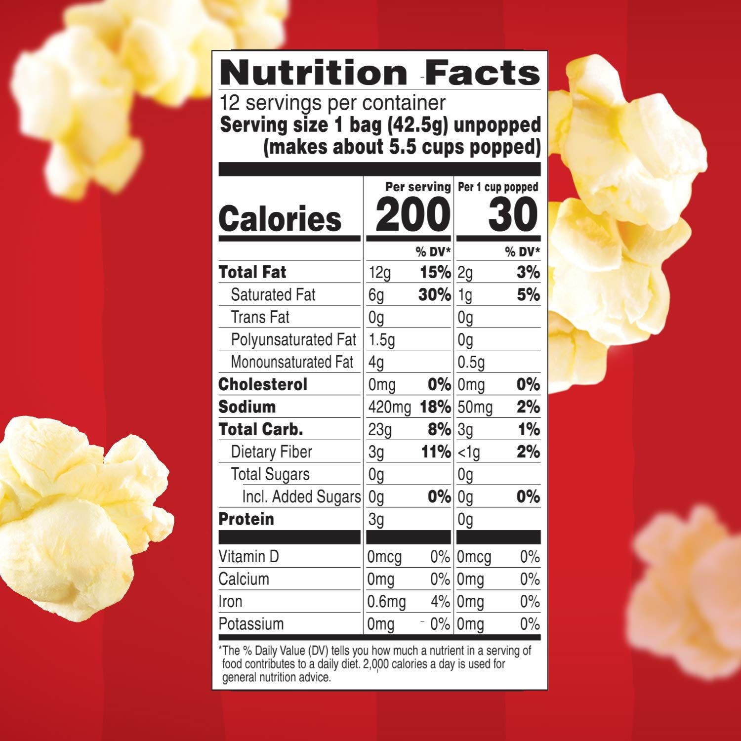 Communicates the nutritional profile of the popcorn product, emphasizing its low calorie count per serving (30 calories per cup popped) to appeal to health-conscious shoppers.