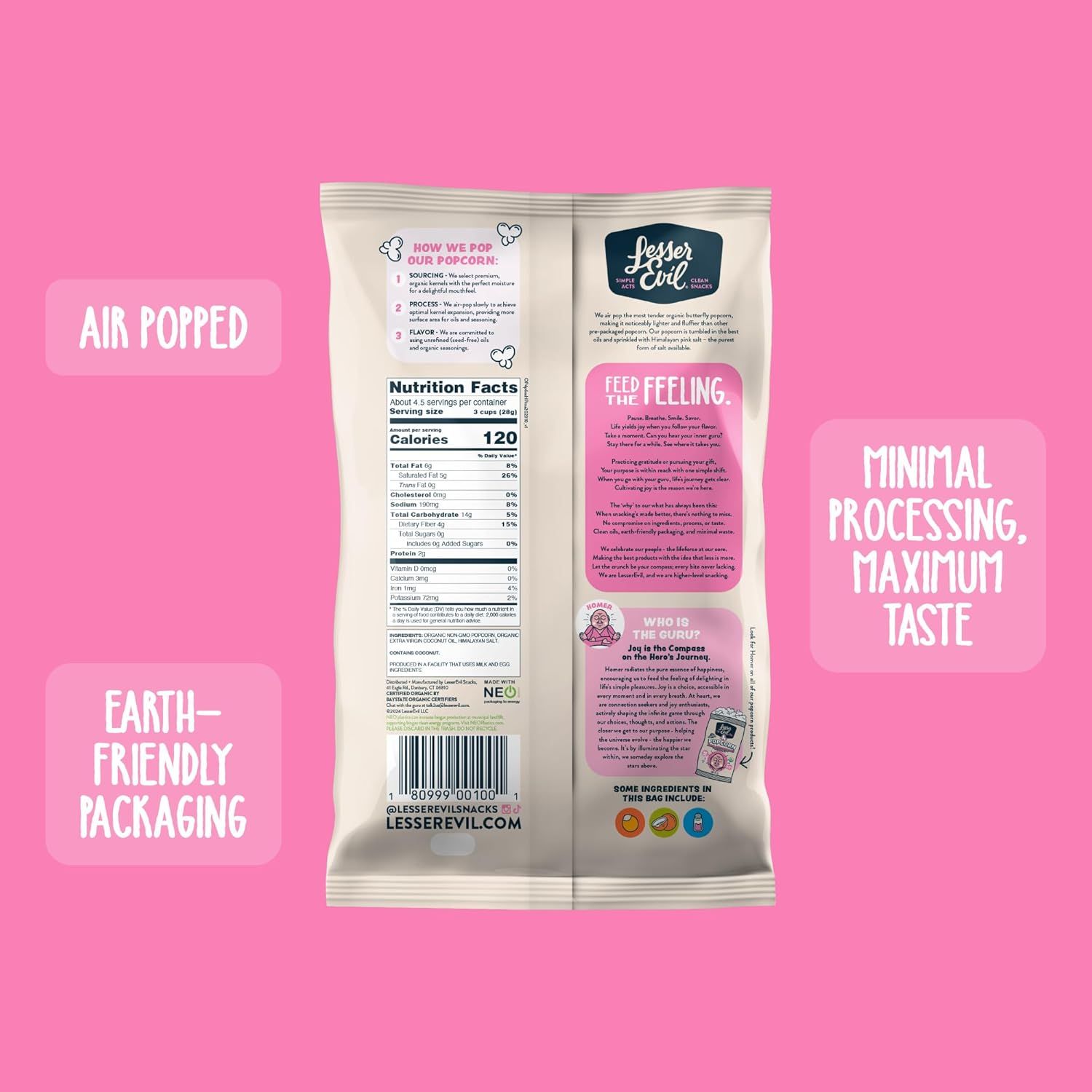 Communicates multiple distinct product benefits in a segmented layout, highlighting the air-popped preparation method, minimal processing philosophy, and…