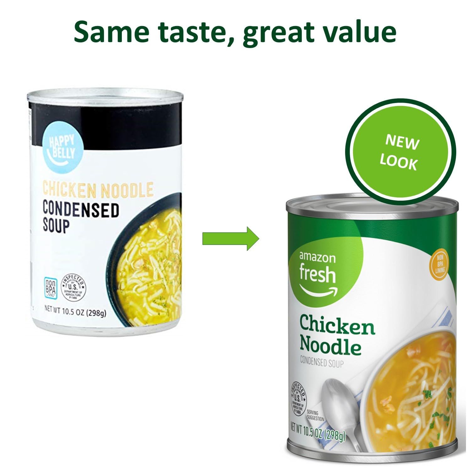 Communicates that the product has updated packaging while reassuring shoppers that the taste and value remain the same, helping them recognize the new Amazon…