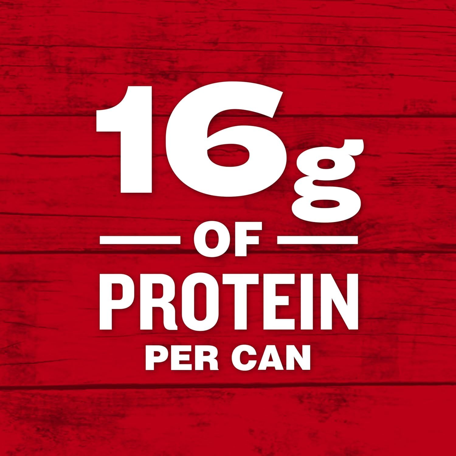 Communicates the product's high protein content per can to appeal to health-conscious shoppers and those seeking nutritional value. Highlights the key…