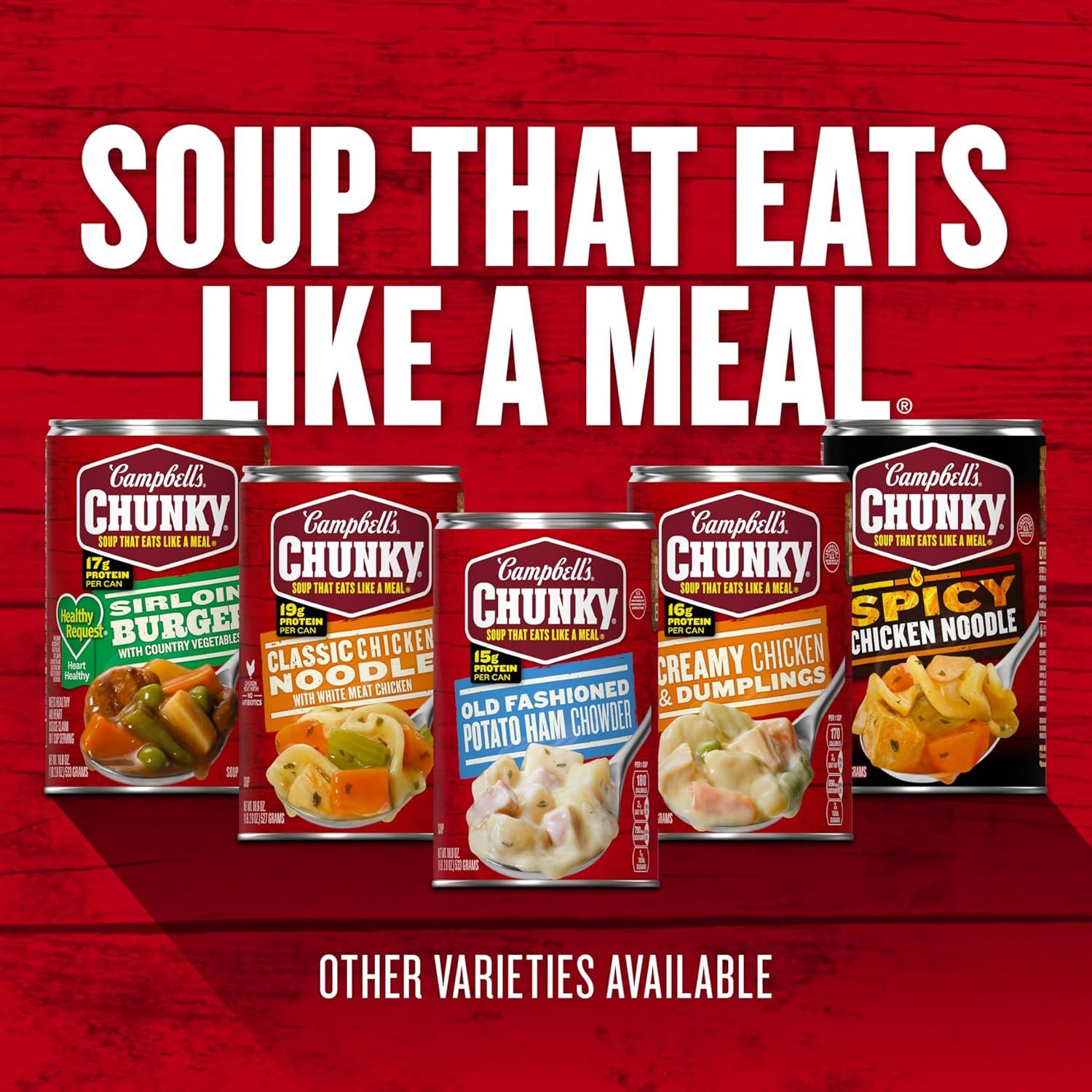 Showcases the Campbell's Chunky soup product line with multiple flavor varieties to help shoppers understand the range of options available and reinforce the…