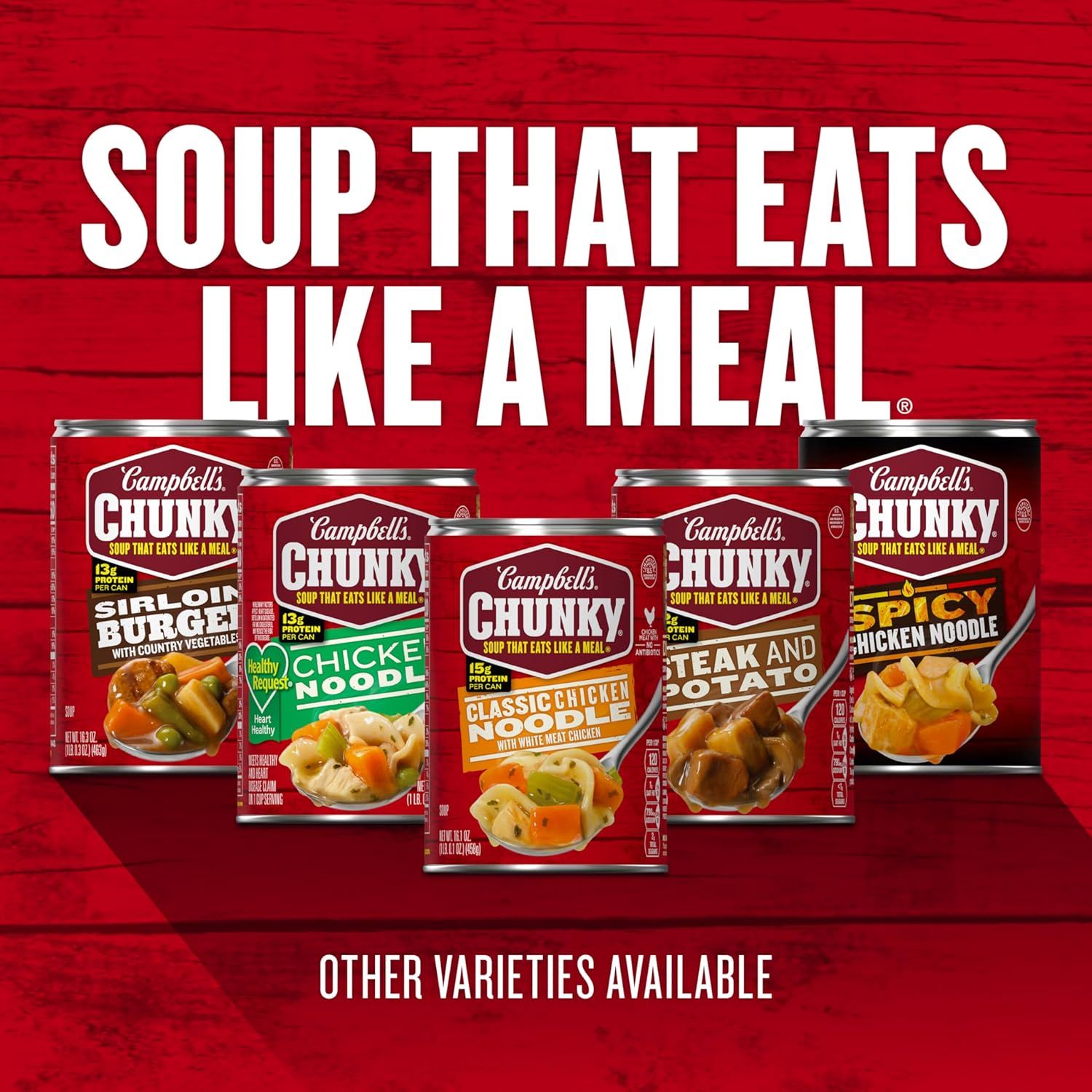 Showcases the Campbell's Chunky soup product line with multiple flavor options to help shoppers understand the variety available and reinforce the brand's…