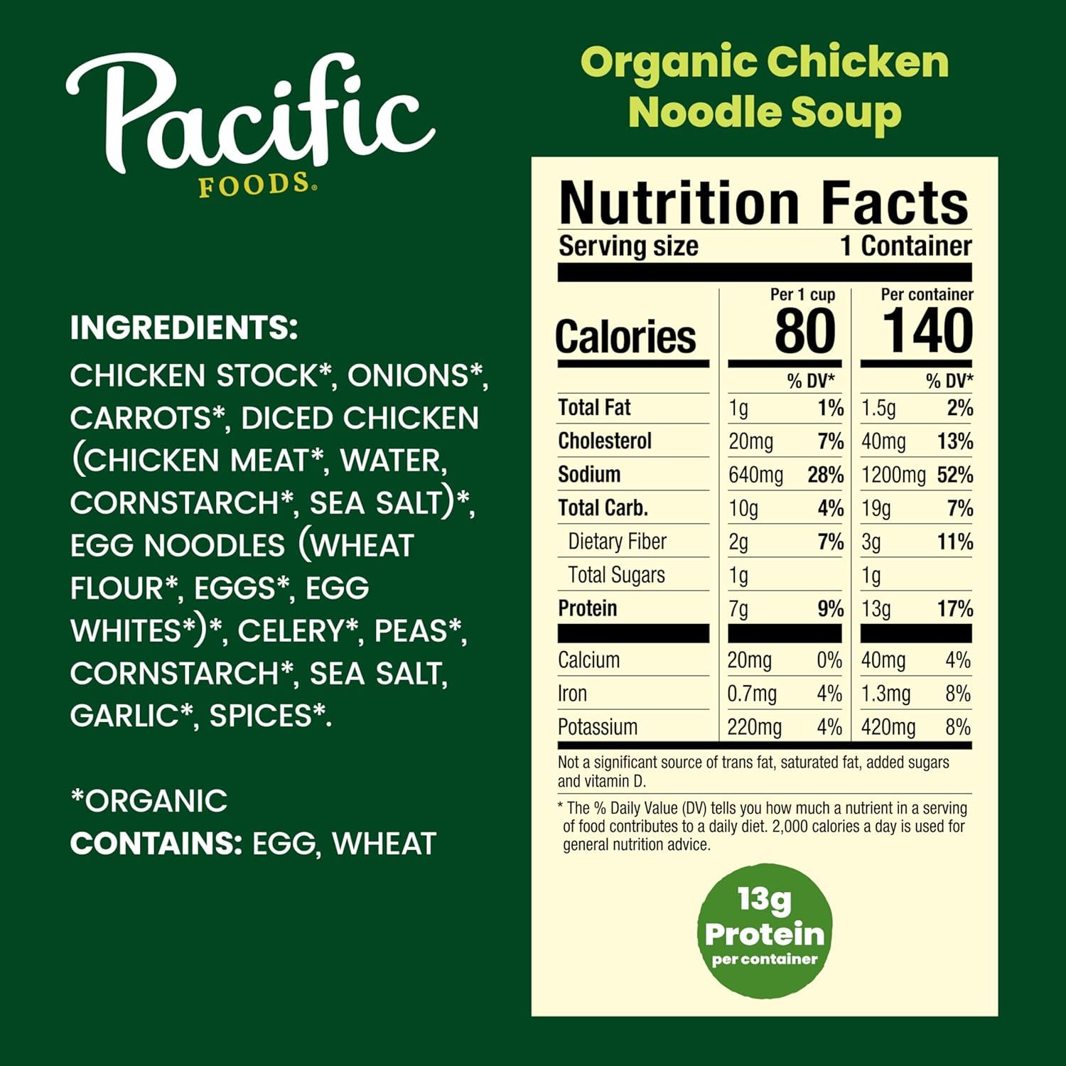 Communicates multiple selling points including organic ingredients, detailed nutritional information, and high protein content (13g per container) to appeal…