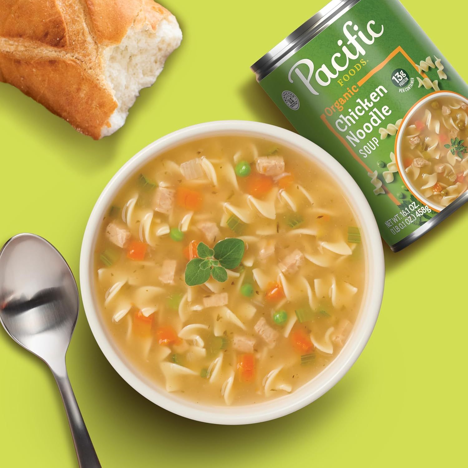 Shows the product in a real-world dining context to help shoppers visualize the soup as part of a comforting meal experience.