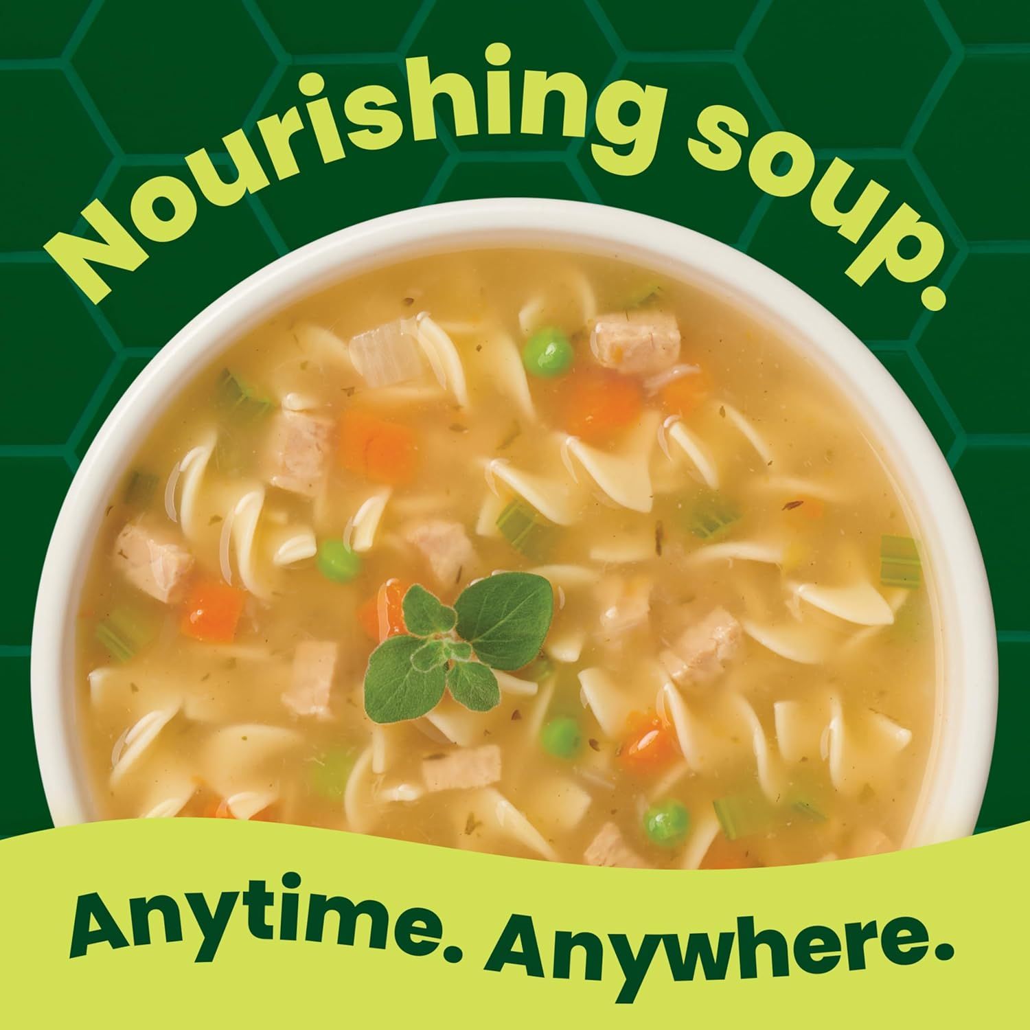 Communicates that this nourishing soup product is convenient and can be enjoyed anytime, anywhere, appealing to shoppers looking for quick, portable meal…