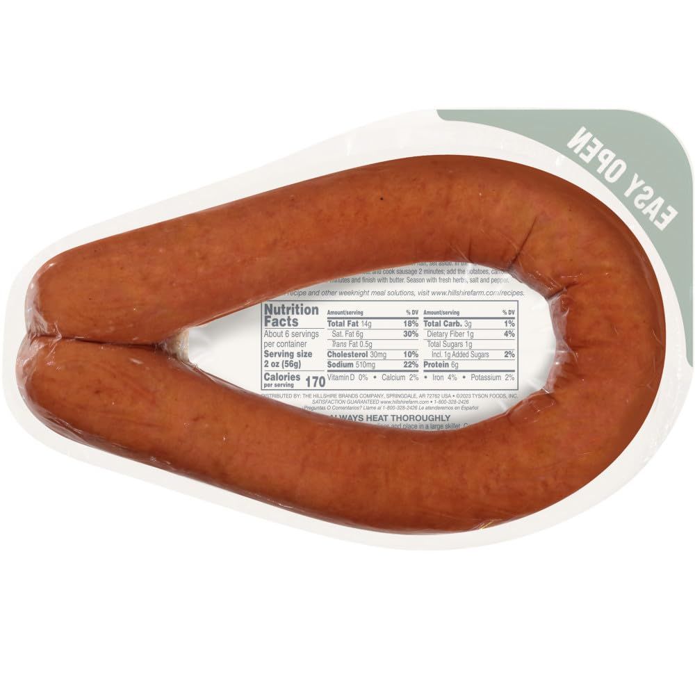 Provides a clean, catalog-style view of the packaged sausage product showing the actual product inside the packaging with nutrition label visible, allowing shoppers to see exactly what they're…