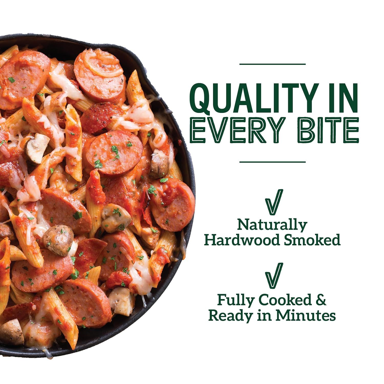 Communicates multiple product benefits in a segmented layout with checkmarks, emphasizing quality, natural smoking process, and convenience to reassure shoppers about the product's premium…