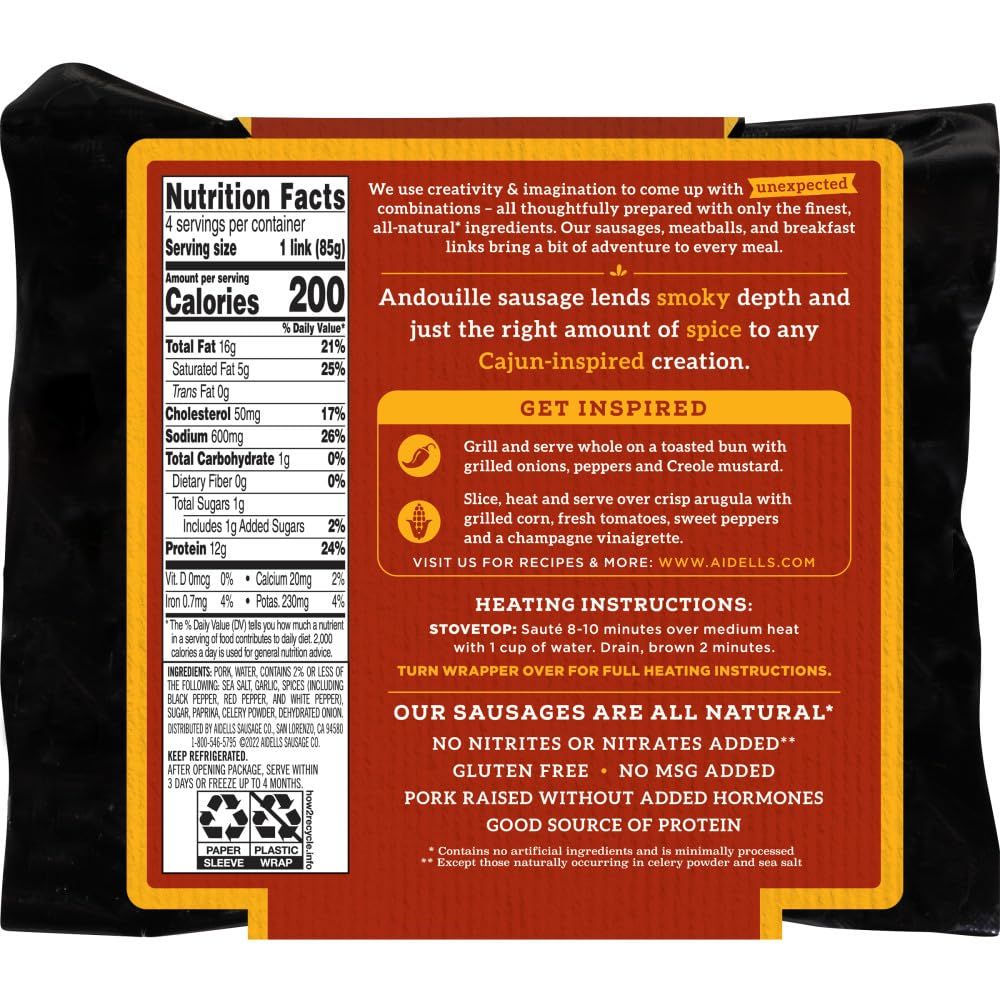 Communicates multiple distinct selling benefits of the sausage product including natural ingredients, flavor profile, dietary attributes, and health claims to…