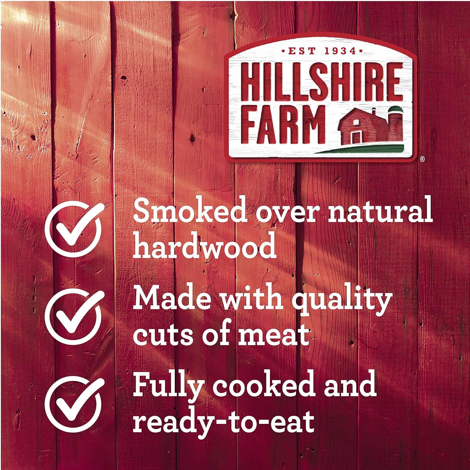 Communicates the brand's heritage (Est. 1934) and key product attributes (smoked over natural hardwood, quality cuts, fully cooked) to build trust and establish brand identity. Highlights three…