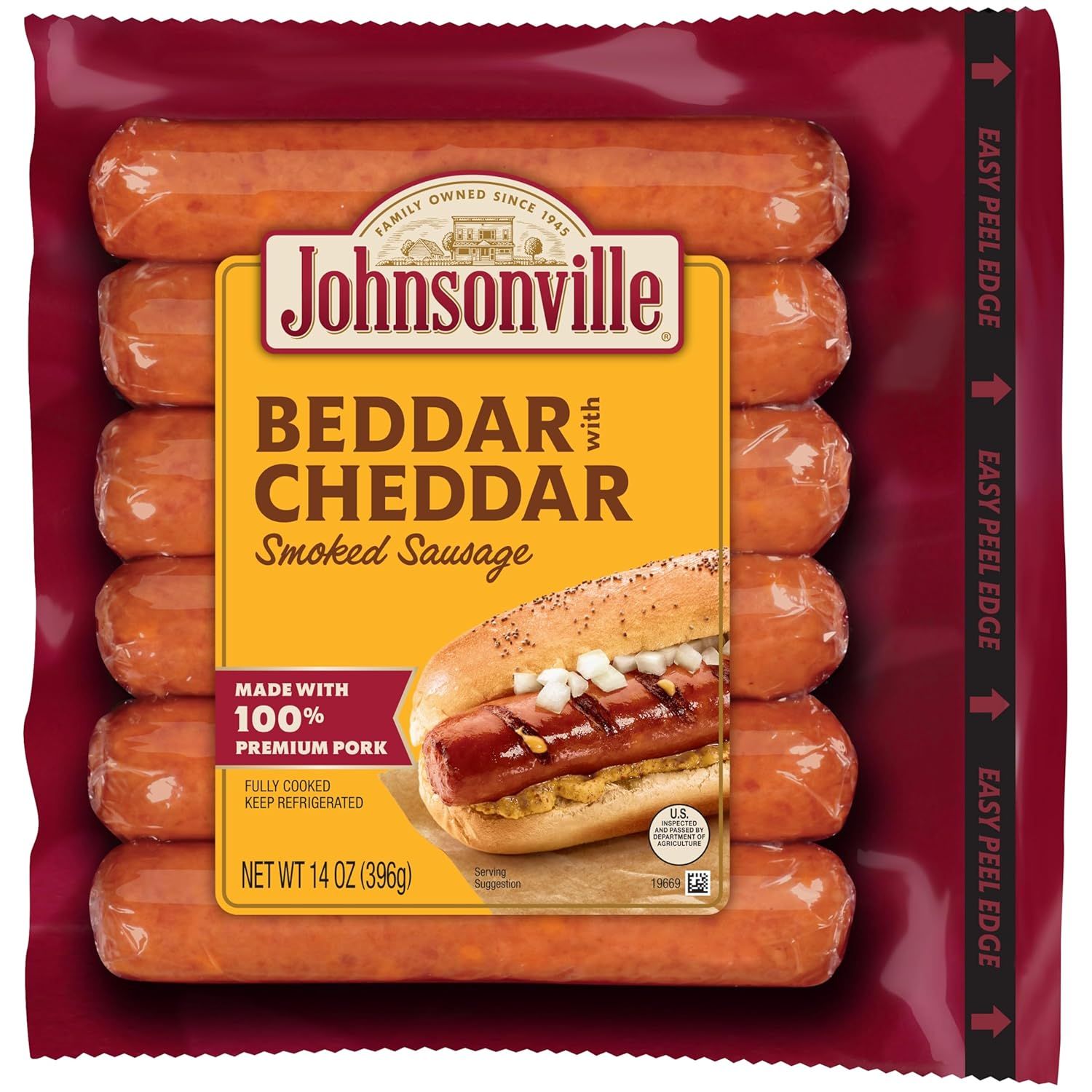 This is a clean product shot showing the Johnsonville Beddar with Cheddar smoked sausage package, allowing shoppers to see exactly what they will receive and…