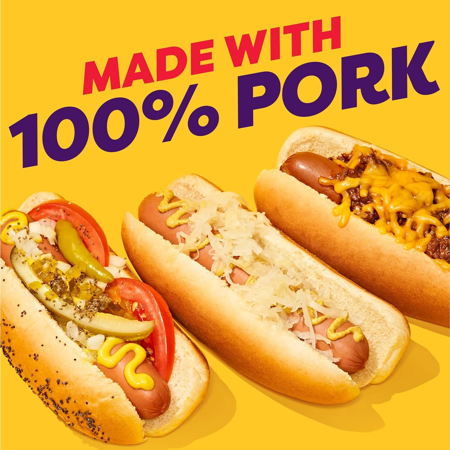 Communicates that the hot dogs are made with 100% pork, emphasizing quality and ingredient transparency to reassure shoppers about what they're buying.…