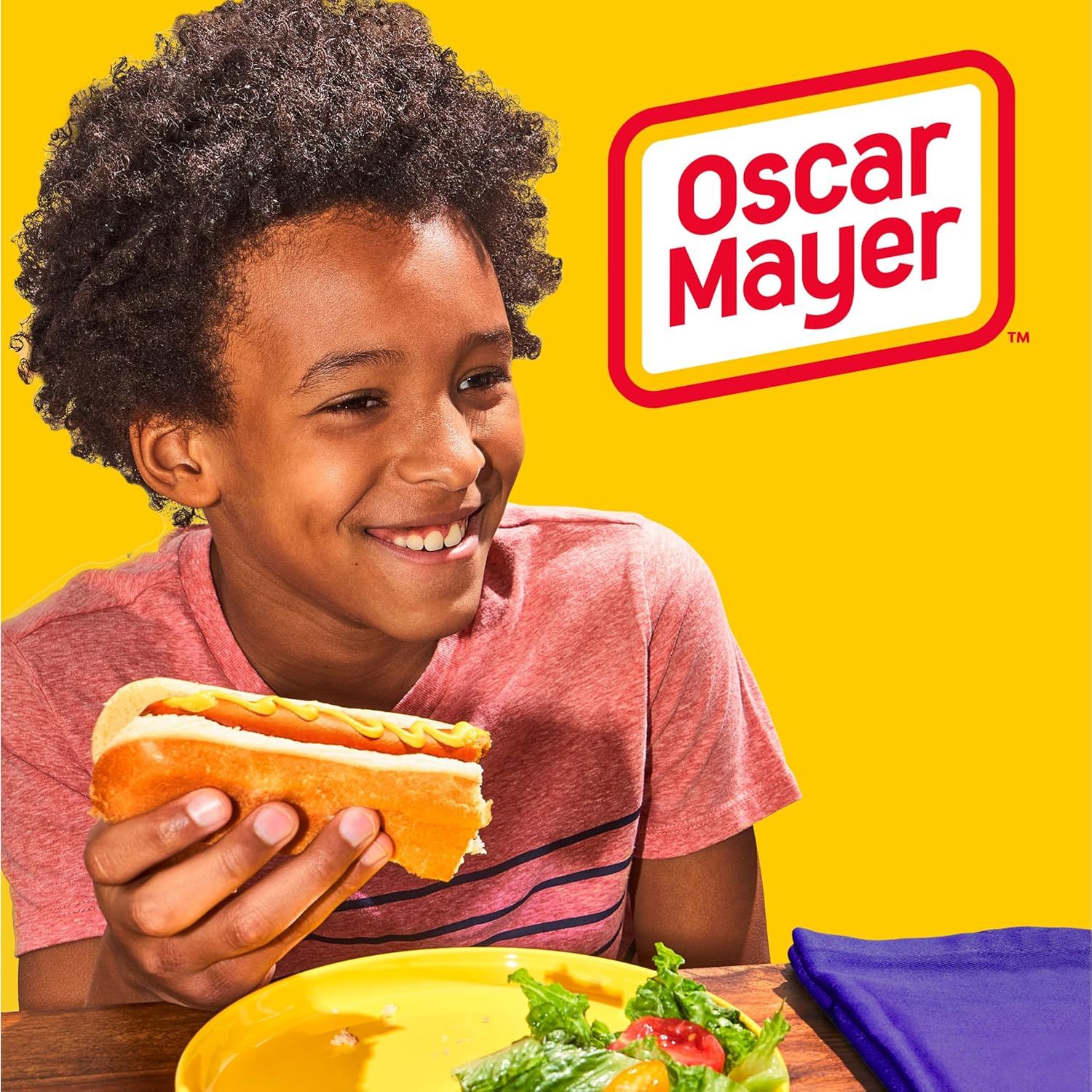 This image establishes brand recognition and emotional connection by prominently featuring the Oscar Mayer logo alongside a lifestyle scene of a child…