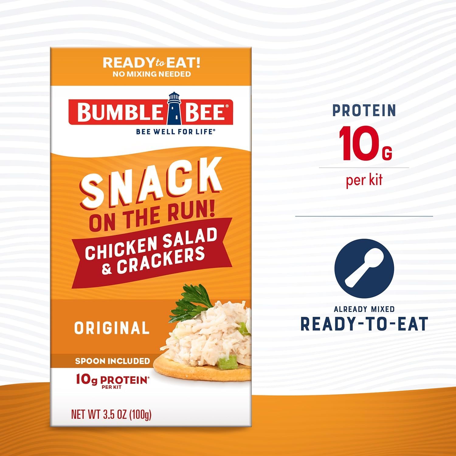 Highlights the high protein content (10g per kit) to communicate nutritional value and appeal to health-conscious shoppers looking for protein-rich snacks.…