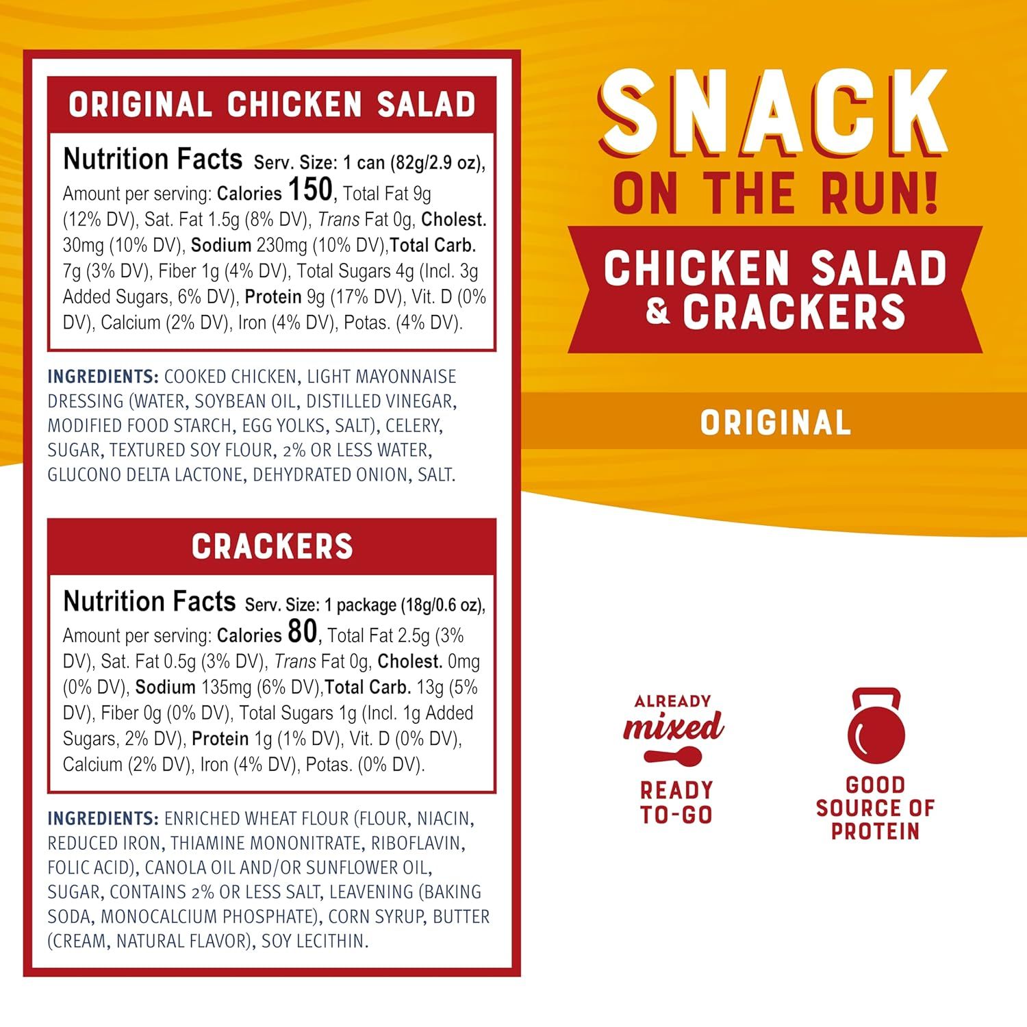 Communicates multiple convenience and nutritional benefits of the chicken salad and crackers snack pack, emphasizing portability, ease of use, and protein…