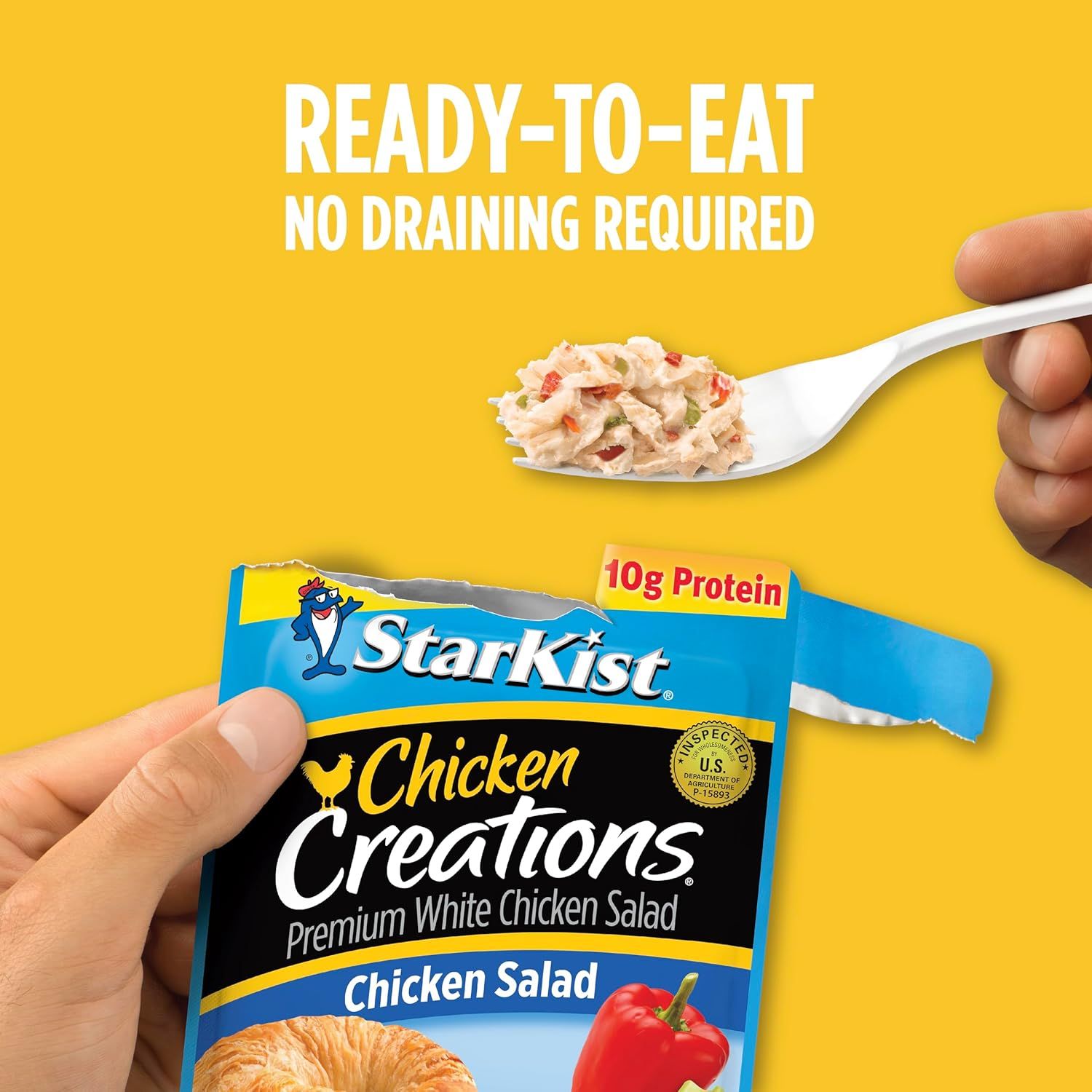Communicates the convenience benefit of the product being ready to eat straight from the package without any preparation or draining, appealing to shoppers…