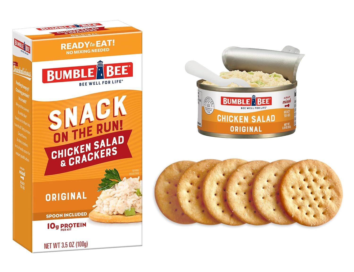 Shows the complete contents of the snack kit—the box, chicken salad can with spoon, and crackers—to help shoppers understand exactly what they receive when…