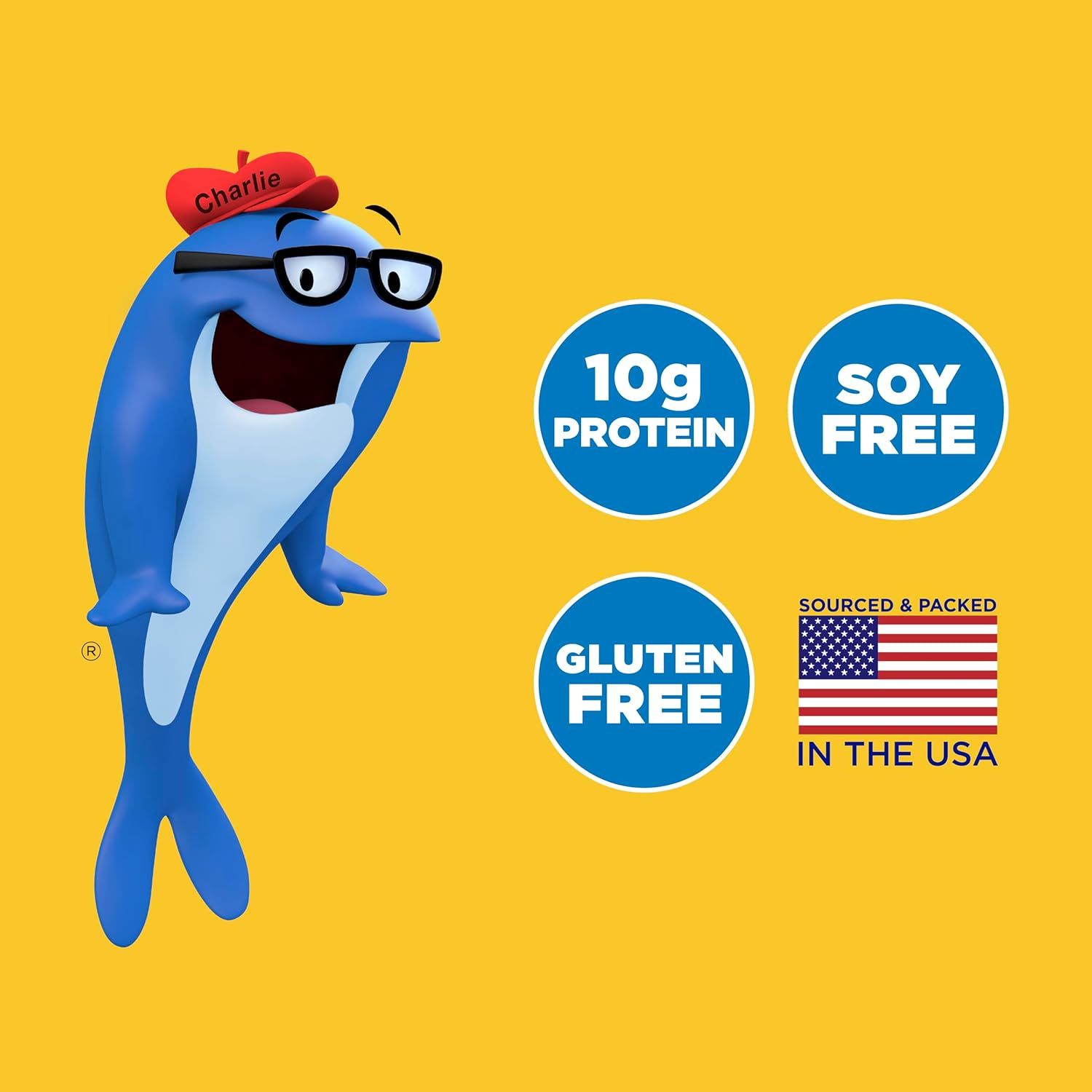 Communicates multiple key product benefits including high protein content, dietary restriction compliance (soy-free, gluten-free), and USA origin to appeal to…