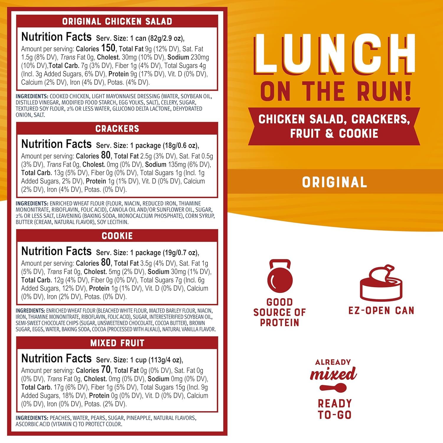 Shows the complete contents of the lunch kit to help shoppers understand exactly what they receive in the package. Highlights multiple convenience and…
