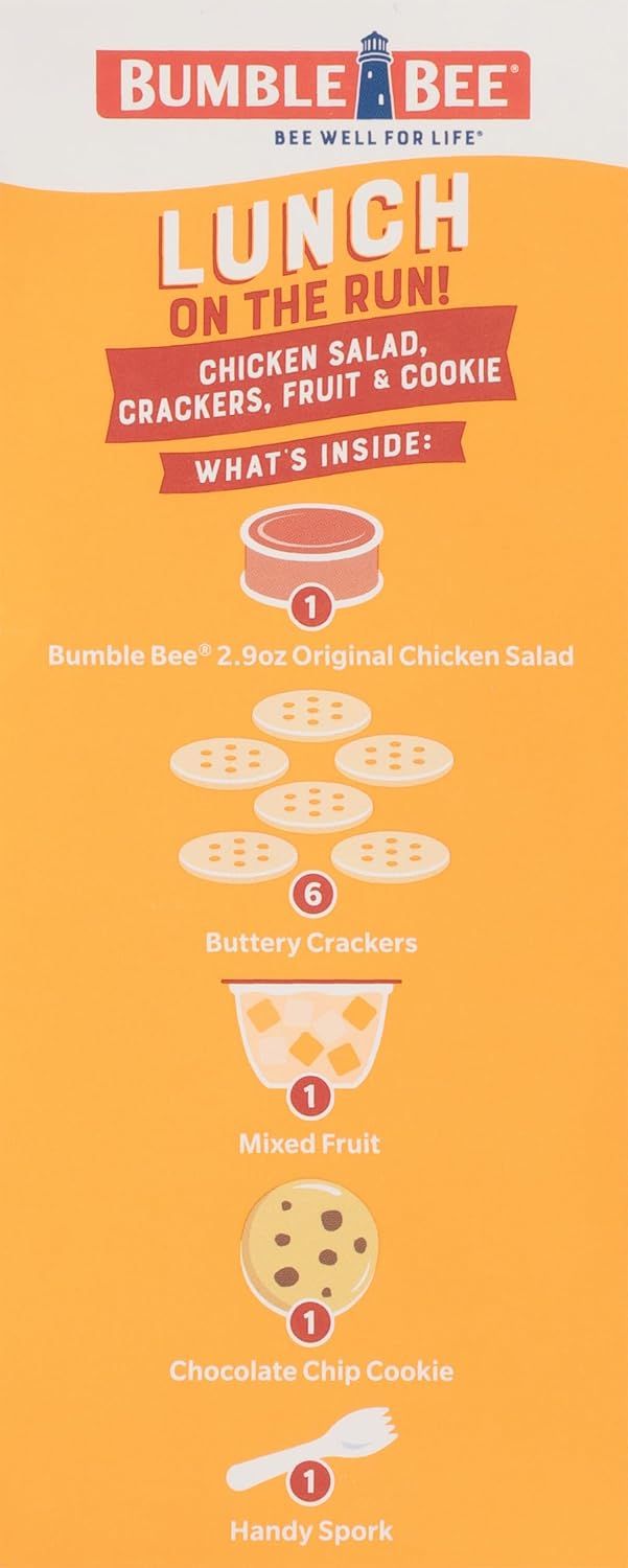 Shows shoppers exactly what's included in the lunch kit—chicken salad, crackers, fruit, cookie, and spork—to communicate convenience and value.