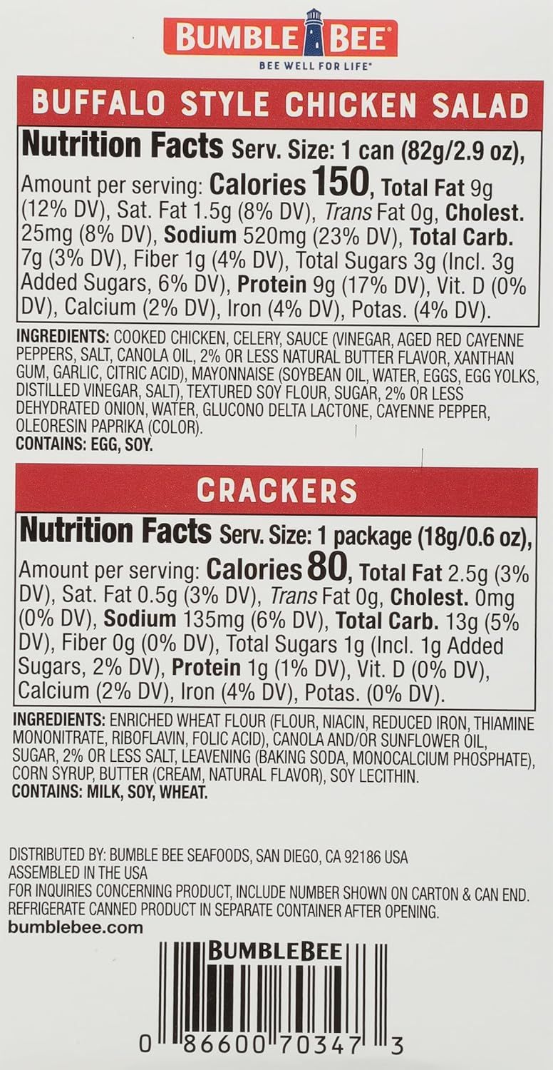 This image shows the detailed nutrition facts and ingredients for both the Buffalo Style Chicken Salad and Crackers components of the kit, helping shoppers…