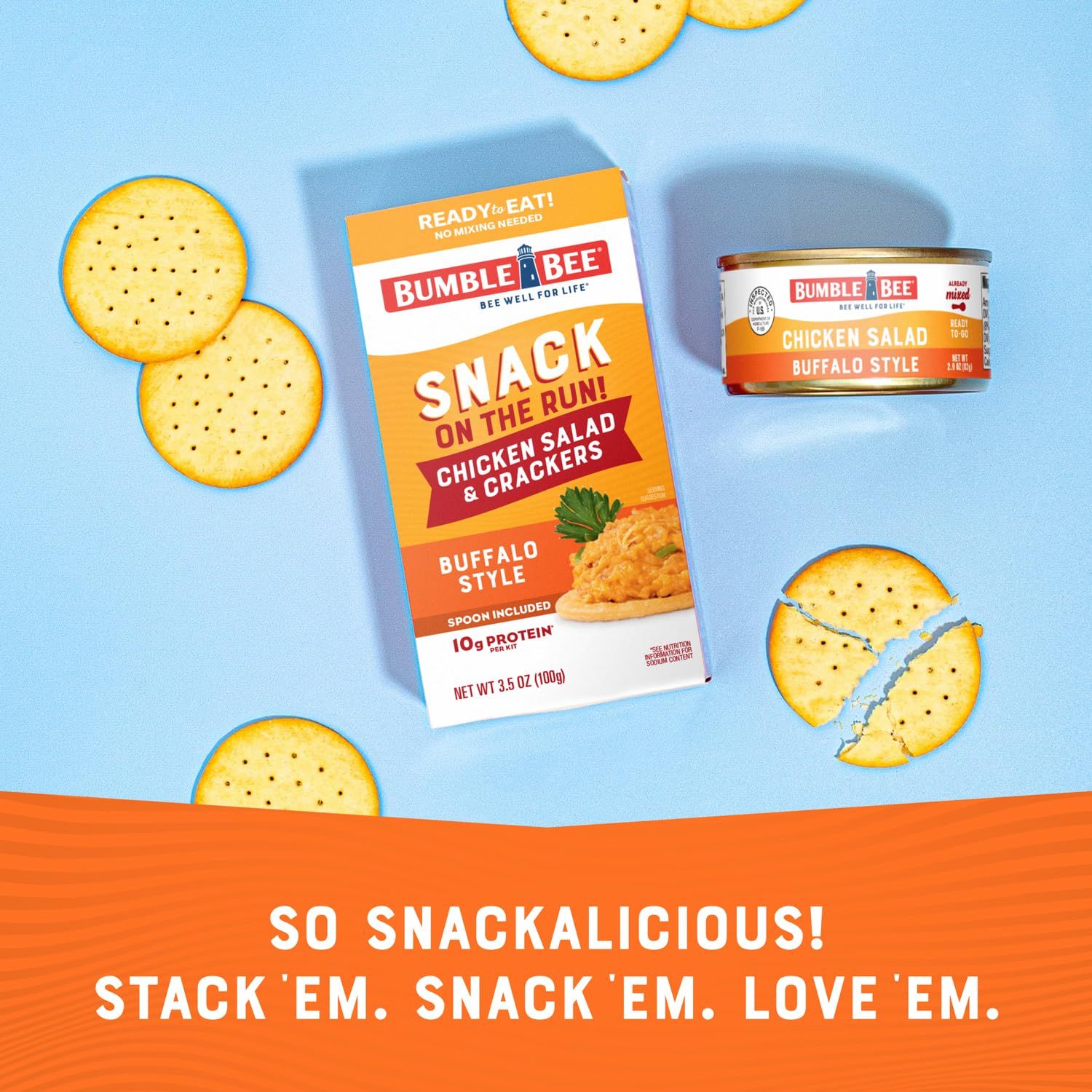 Demonstrates the product's versatility as a convenient, ready-to-eat snack by showing the chicken salad kit with crackers and the standalone can, emphasizing portability and ease of use. Highlights…