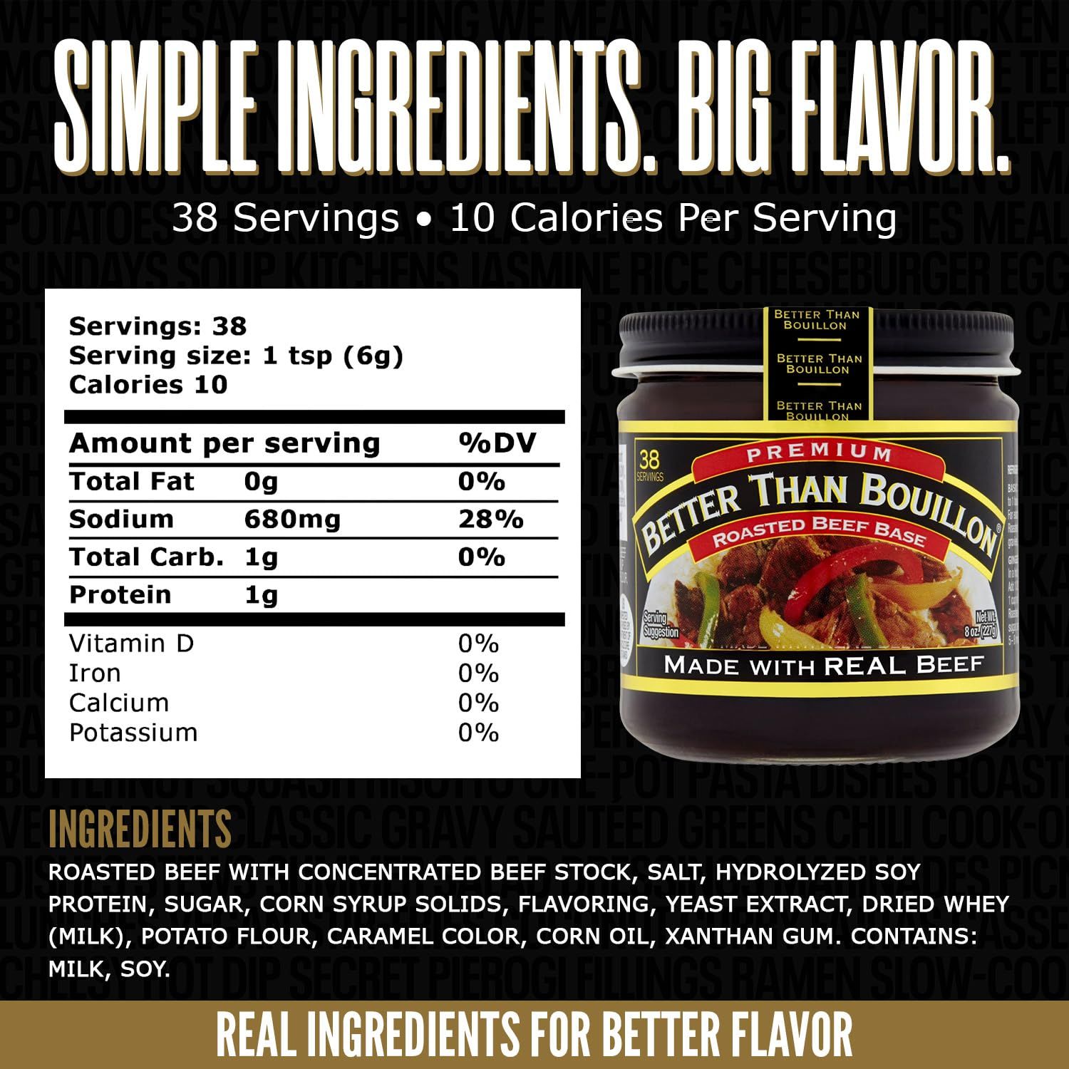Communicates multiple product benefits including simple ingredients, generous serving count (38 servings), low calorie content (10 calories per serving), and…