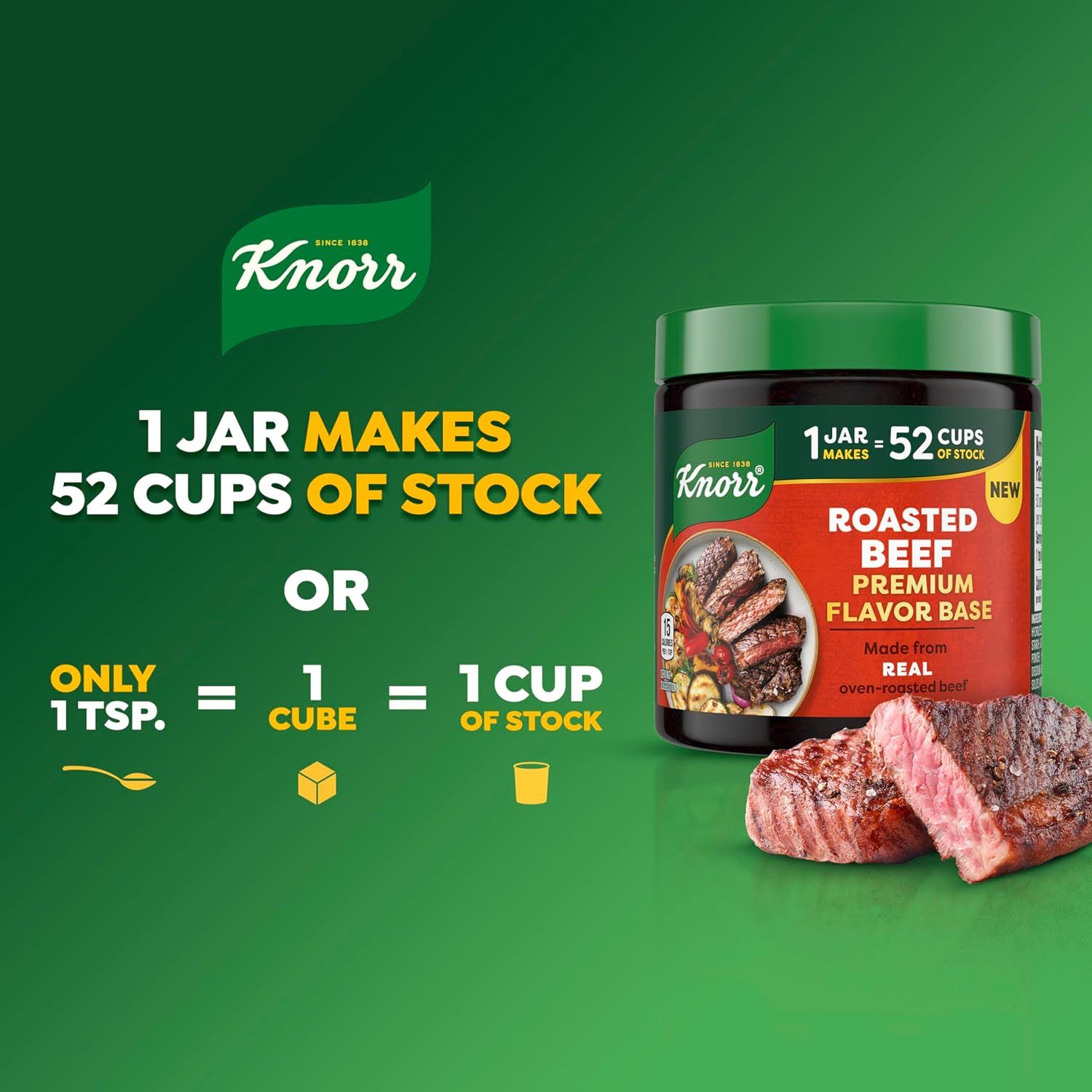 Communicates the product's high yield and value by showing that one jar makes 52 cups of stock, and provides a clear equivalency guide showing how 1…