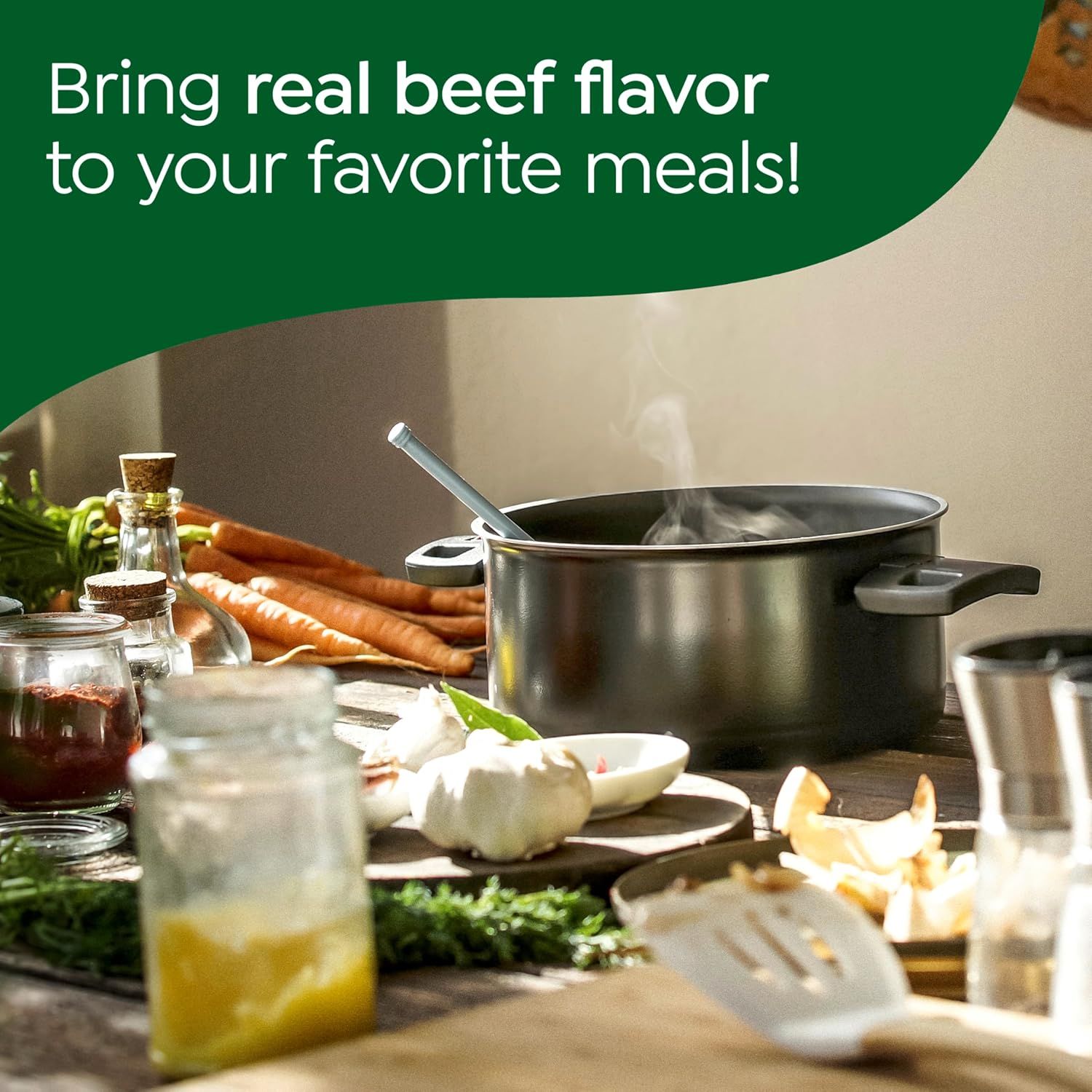 Communicates that the product (likely a bouillon, seasoning, or broth) delivers authentic beef flavor to enhance home cooking and everyday meals.